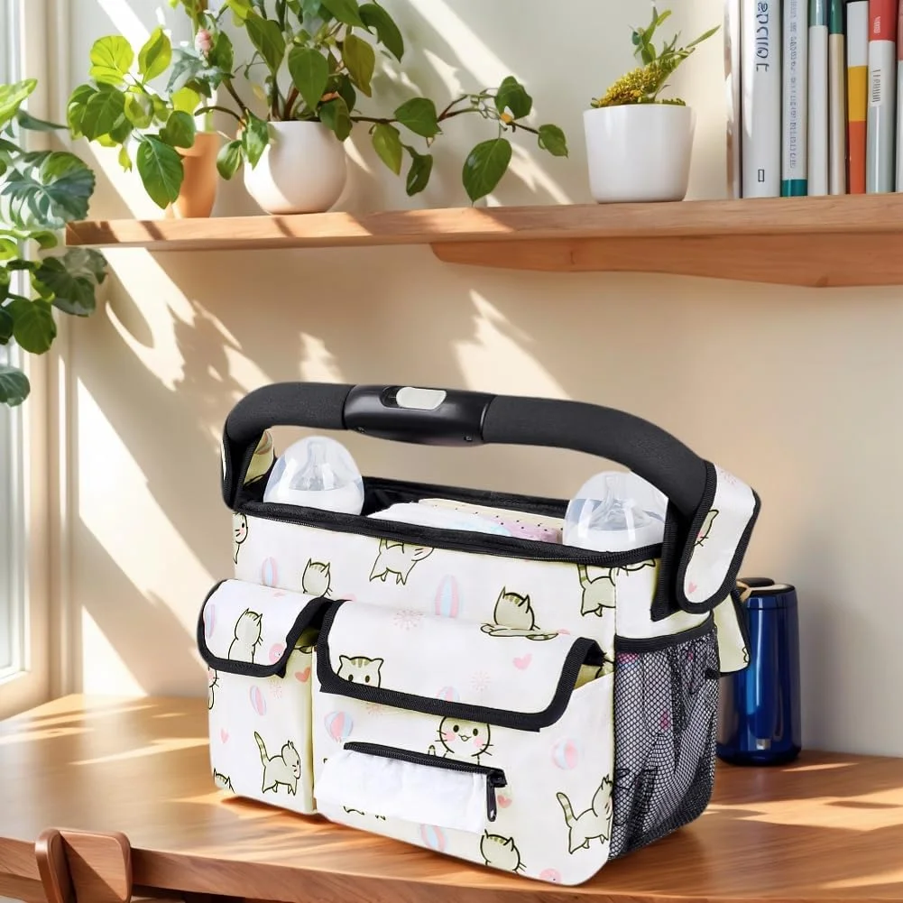 کیف ارگانایزر کالسکه با جا لیوانی عایق و بند شانه (طرح گربه) کیف ارگانایزر کالسکه با جا لیوانی عایق و بند شانه (طرح گربه)