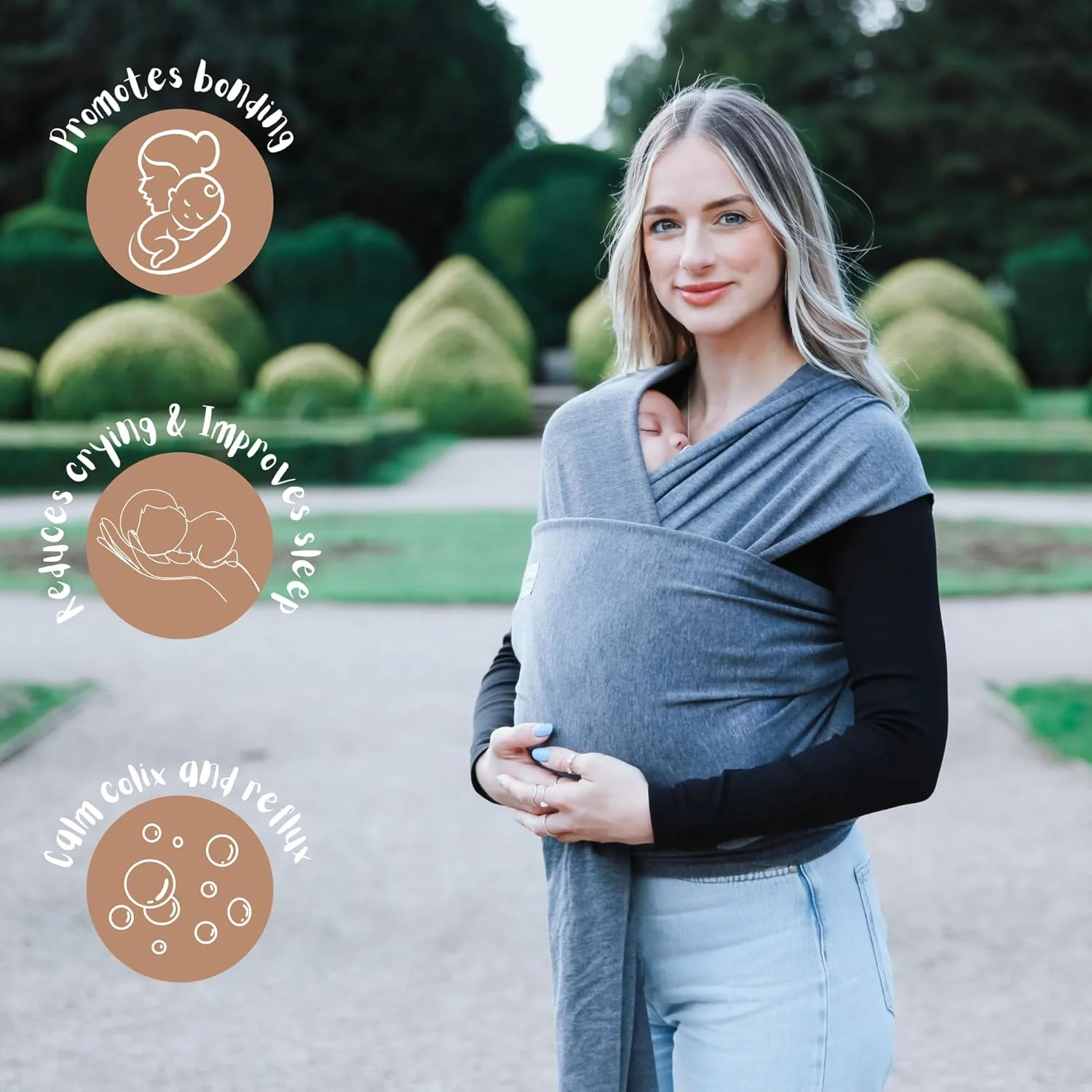 آغوشی نوزاد رایلو بیبی، مناسب نوزاد تا نوپا، پارچه ای و کشسان - تست ایمنی شده، آغوشی بدون نیاز به دست، آغوشی نوزاد - کریر نوزاد (خاکستری تیره)