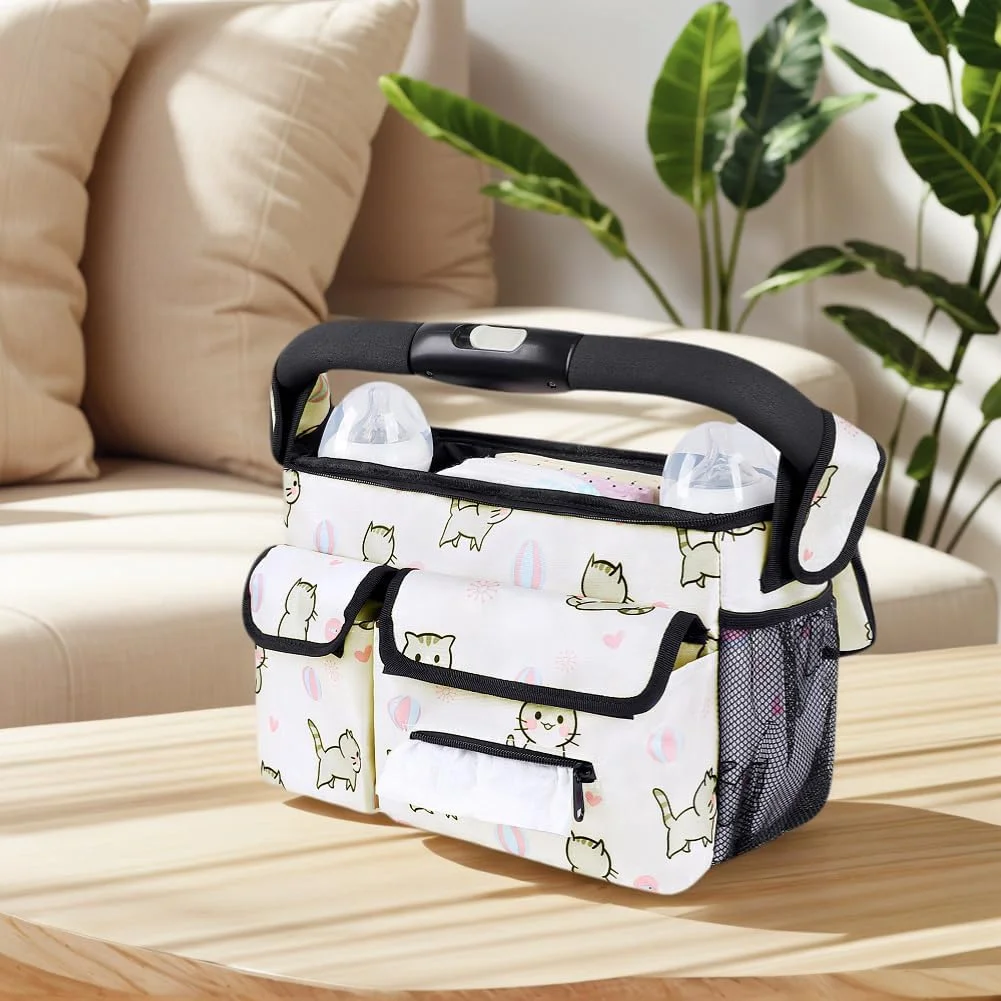 کیف ارگانایزر کالسکه با جا لیوانی عایق و بند شانه (طرح گربه) کیف ارگانایزر کالسکه با جا لیوانی عایق و بند شانه (طرح گربه)