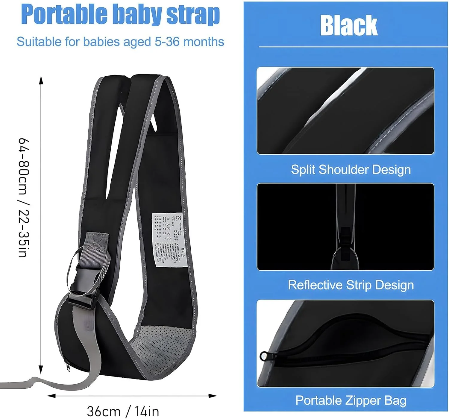 آغوشی نوزاد، آغوشی قابل حمل کودک با بند شانه ای راحت و قابل تنظیم، آغوشی نرم و ضد لغزش ارگونومیک برای نوزاد، کودک نوپا تا 25 کیلوگرم (مشکی)