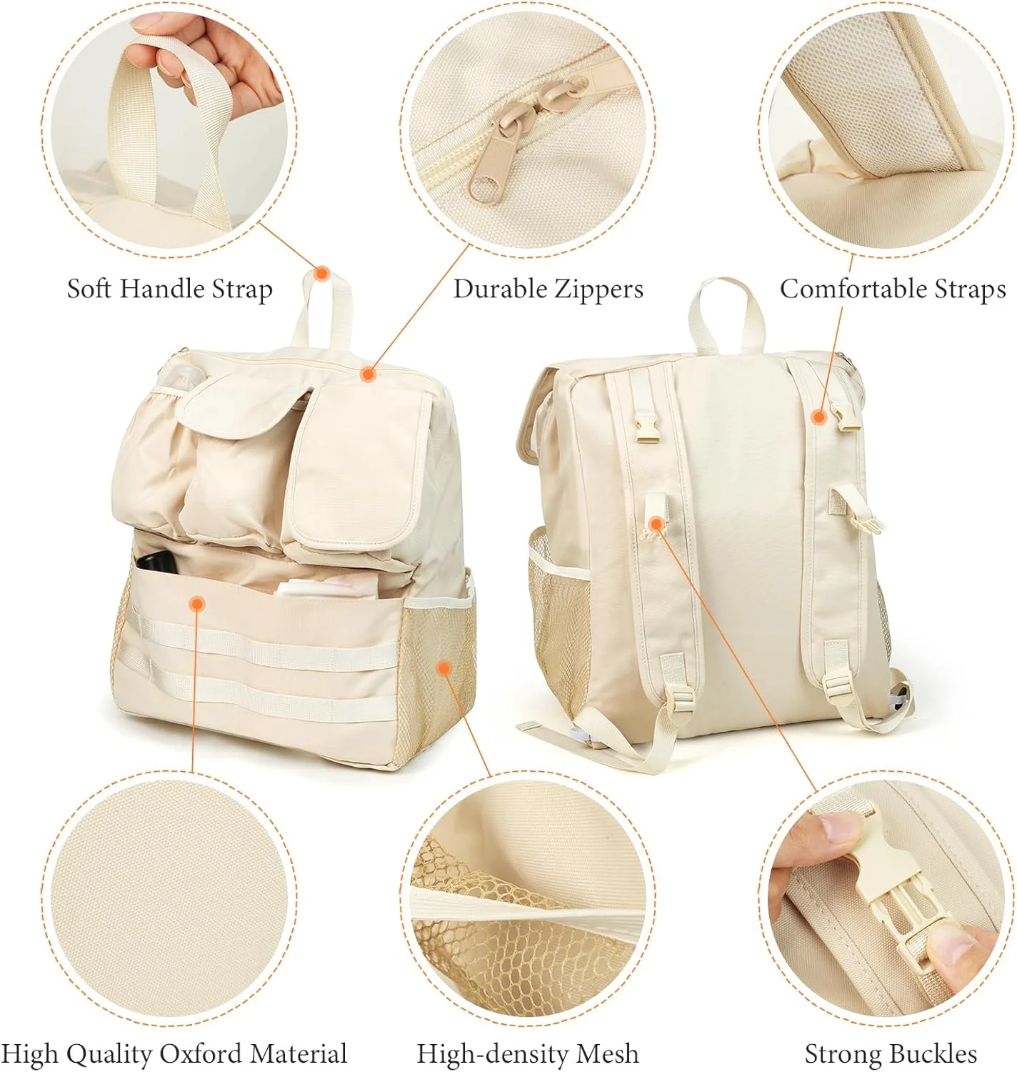 کیف لوازم کودک و کوله پشتی لوازم کودک 2 در 1، دارای جای عایق برای شیشه شیر، جیب دستمال مرطوب و تلفن، بند شانه ای، لوازم ضروری مسافرتی کودک نوپا، لوازم جانبی جهانی کالسکه (بژ)