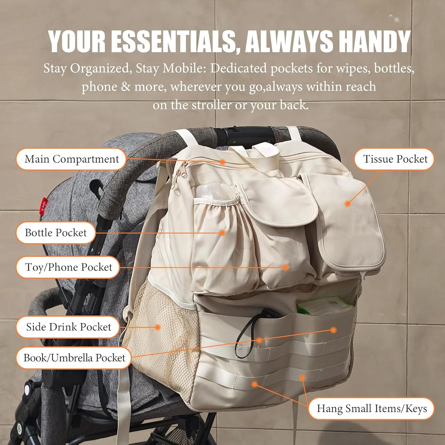 کیف لوازم کودک و کوله پشتی لوازم کودک 2 در 1، دارای جای عایق برای شیشه شیر، جیب دستمال مرطوب و تلفن، بند شانه ای، لوازم ضروری مسافرتی کودک نوپا، لوازم جانبی جهانی کالسکه (بژ)