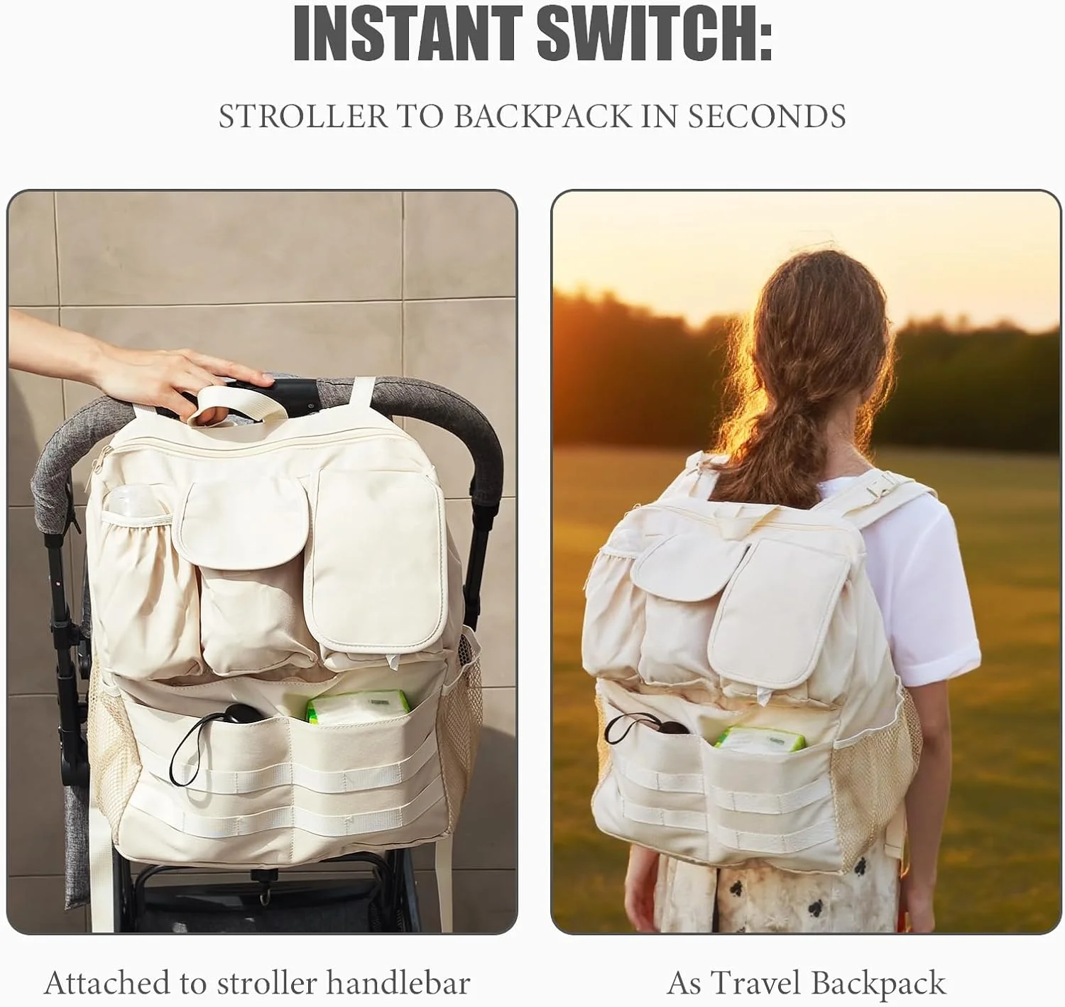 کیف لوازم کودک و کوله پشتی لوازم کودک 2 در 1، دارای جای عایق برای شیشه شیر، جیب دستمال مرطوب و تلفن، بند شانه ای، لوازم ضروری مسافرتی کودک نوپا، لوازم جانبی جهانی کالسکه (بژ)