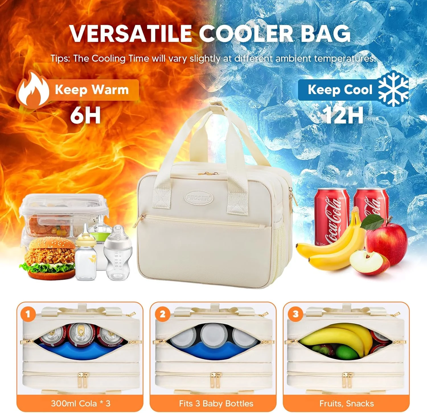 کیف خنک نگهدارنده شیر مادر PIIOSER با کیسه یخ، سازگار با پمپ های شیر مادر قابل حمل و لوازم جانبی - کیف حمل برای پمپ های شیردهی و کار، کرم