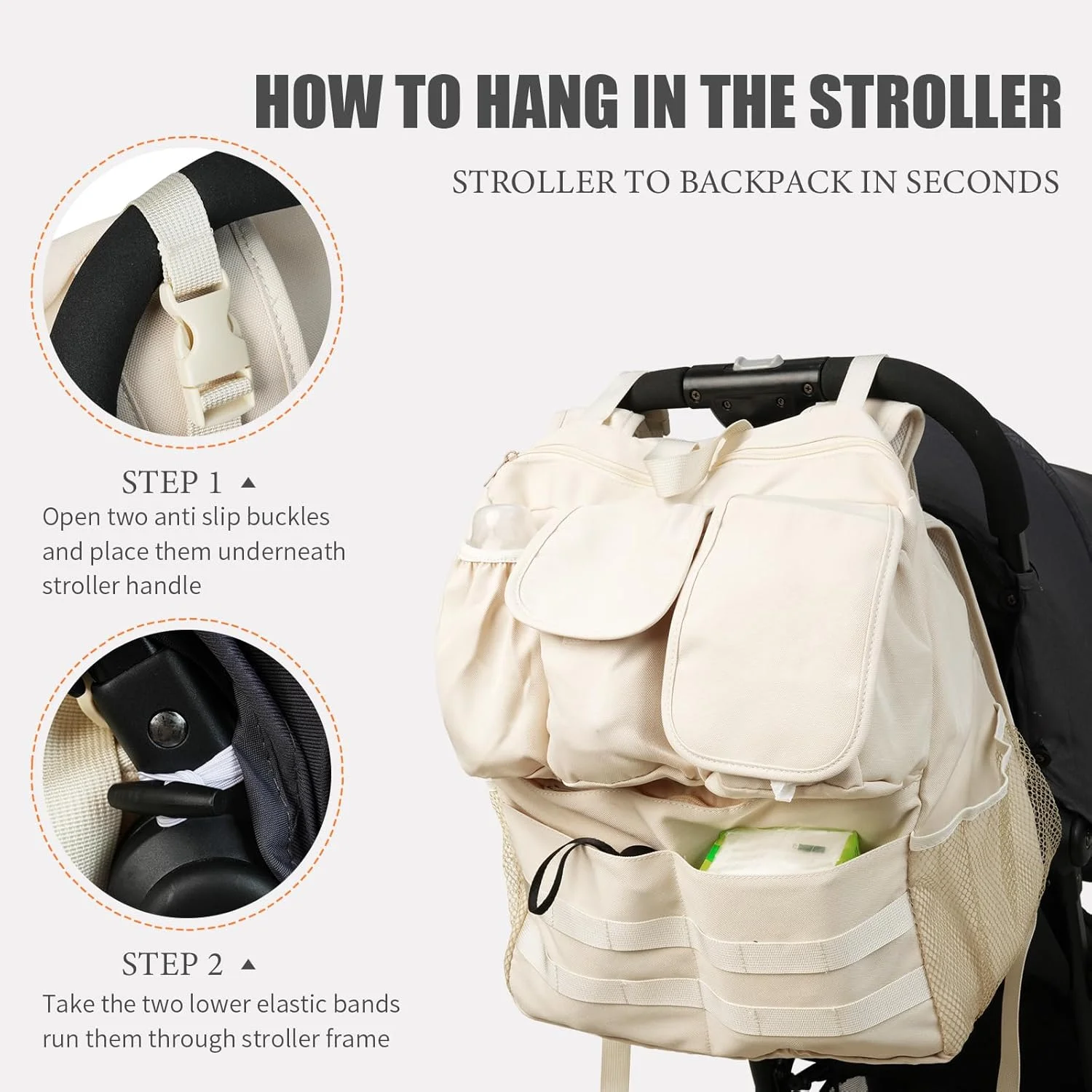 کیف لوازم کودک و کوله پشتی لوازم کودک 2 در 1، دارای جای عایق برای شیشه شیر، جیب دستمال مرطوب و تلفن، بند شانه ای، لوازم ضروری مسافرتی کودک نوپا، لوازم جانبی جهانی کالسکه (بژ)