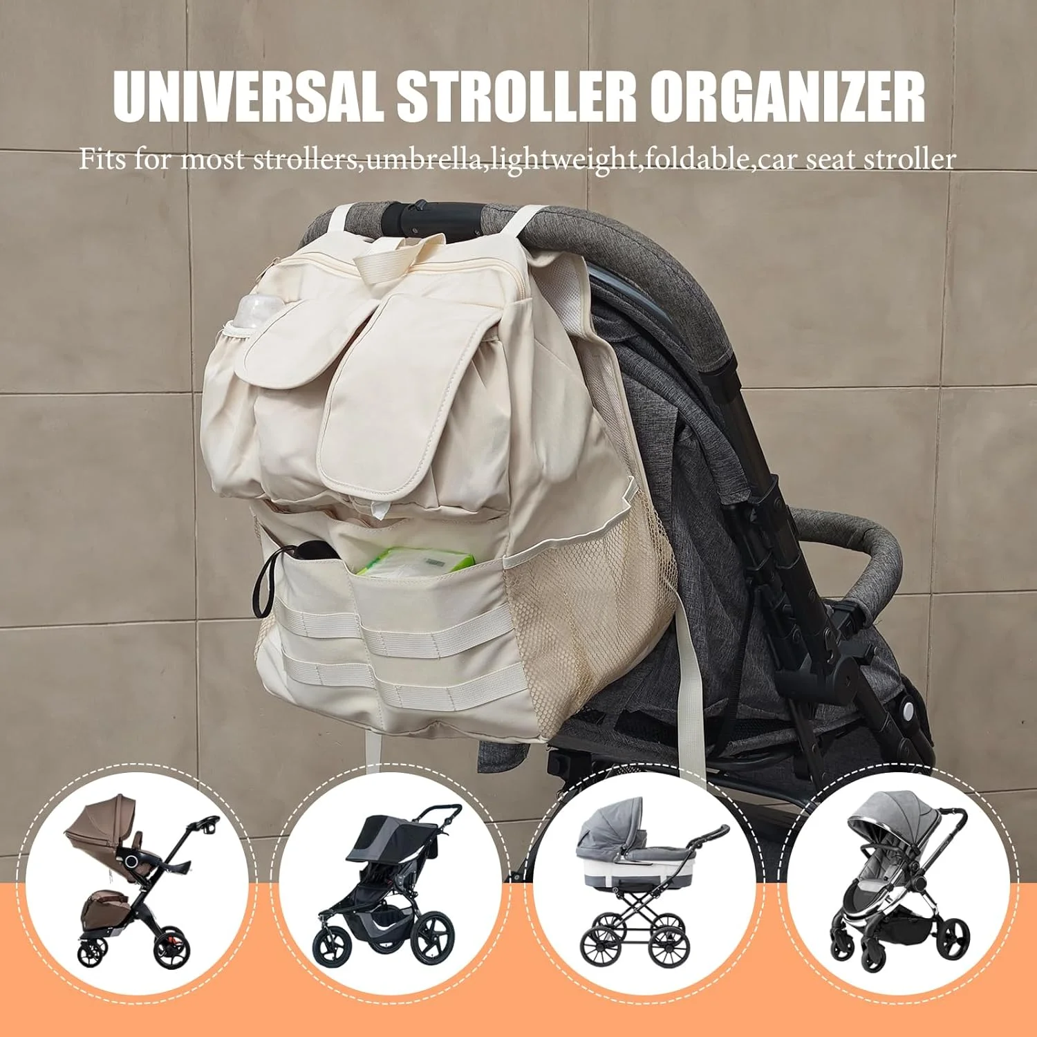 کیف لوازم کودک و کوله پشتی لوازم کودک 2 در 1، دارای جای عایق برای شیشه شیر، جیب دستمال مرطوب و تلفن، بند شانه ای، لوازم ضروری مسافرتی کودک نوپا، لوازم جانبی جهانی کالسکه (بژ)