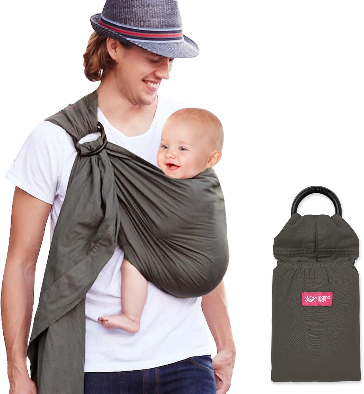 آغوشی رینگی نوزاد ماماوی - آغوشی نوزاد و کودک نوپا (تا 70 کیلوگرم)، دارای گواهینامه IHDI، ساخته شده از 100% پنبه، نرم و تنفس پذیر، حلقه های ایمنی نایلون 66، طراحی جیب ذخیره سازی، خاکستری