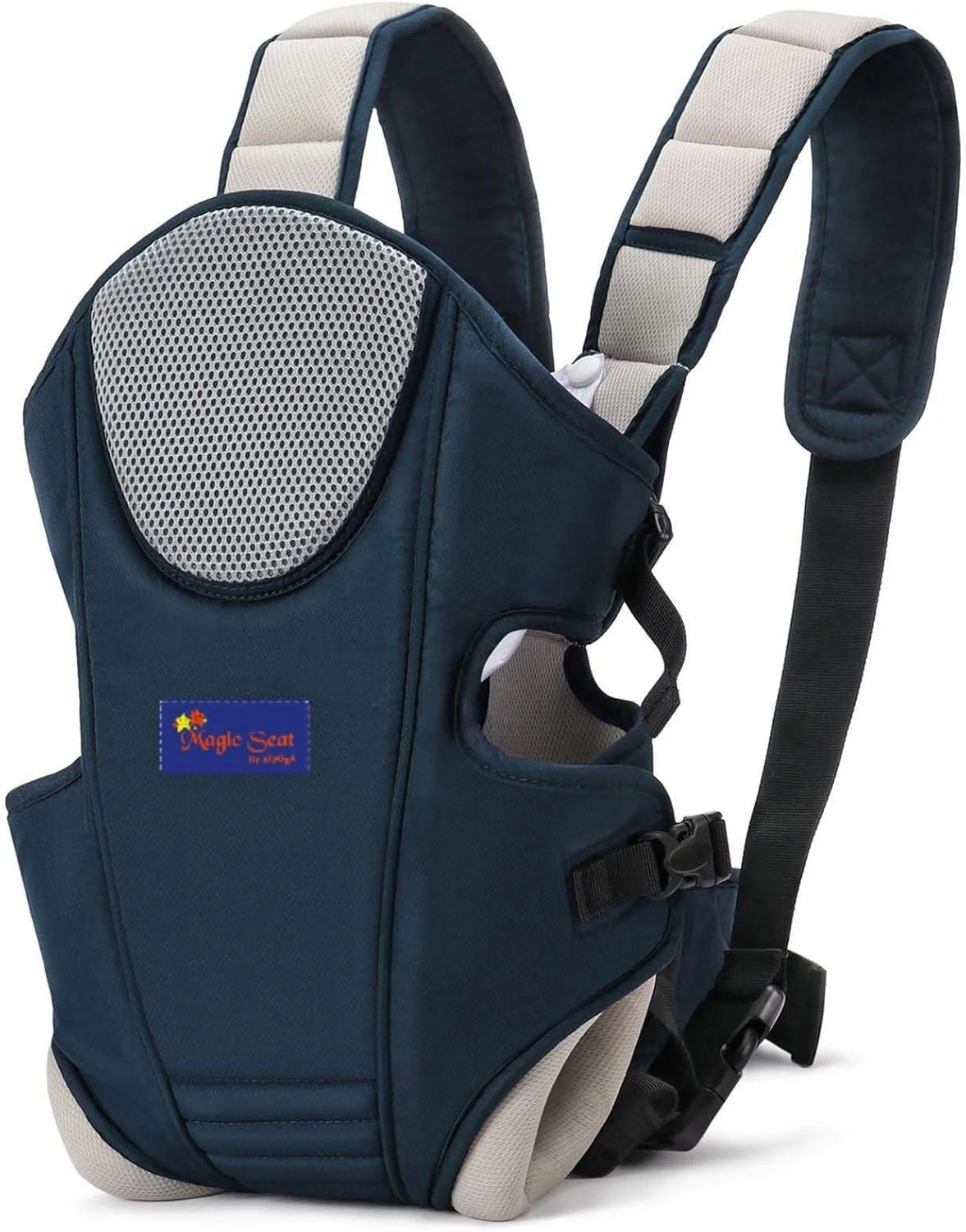 کیف حمل نوزاد پریمیوم Magic Seat، طراحی ارگونومیک و قابل تنظیم 3 در 1، مدل کانگورویی با سبد حمل برای استفاده در جلو و پشت، مناسب برای نوزاد و مادر، مسافرت، 3 تا 18 ماه (سرمه ای-کرم)