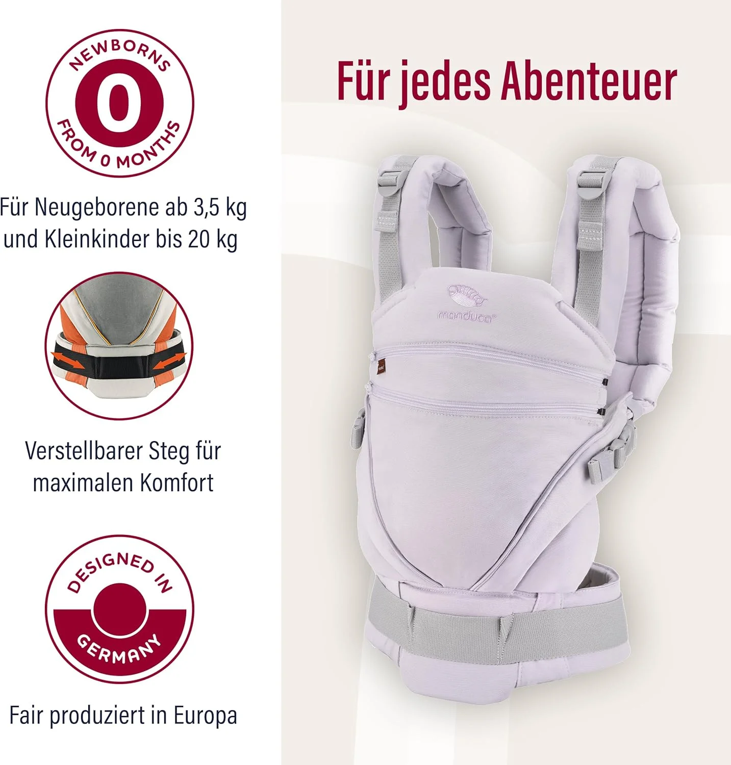 آغوشی نوزاد ماندوکا XT - صندلی قابل تنظیم که با کودک شما رشد می کند - از نوزاد تا نوپا - آغوشی نوزاد پنبه ارگانیک با 3 حالت حمل، تک رنگ اسطوخودوس