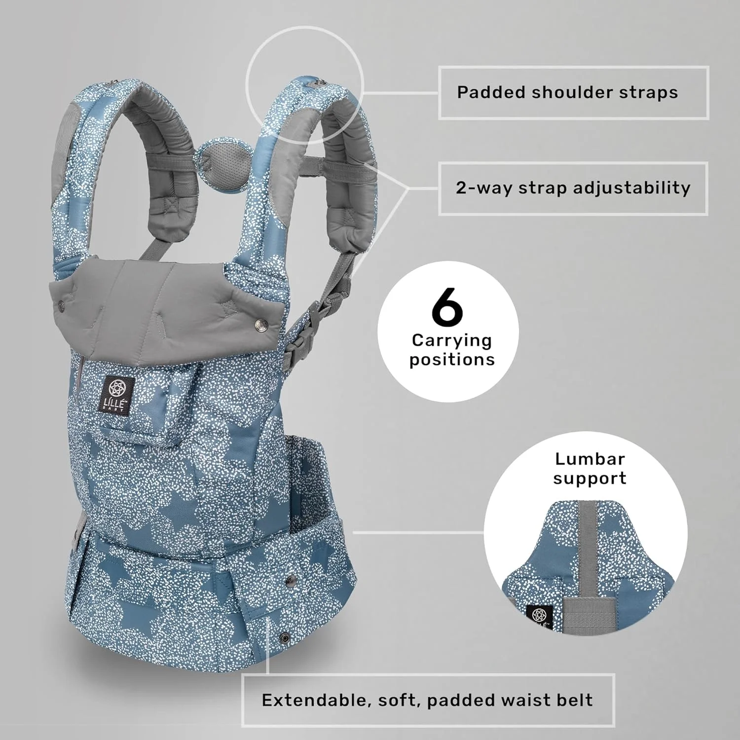 حامل کودک ارگونومیک لیلی‌بیبی مدل Complete Original مناسب برای تمام حالات، از نوزاد تا نوپا، دارای پشتیبانی کمری، طرح Starfall