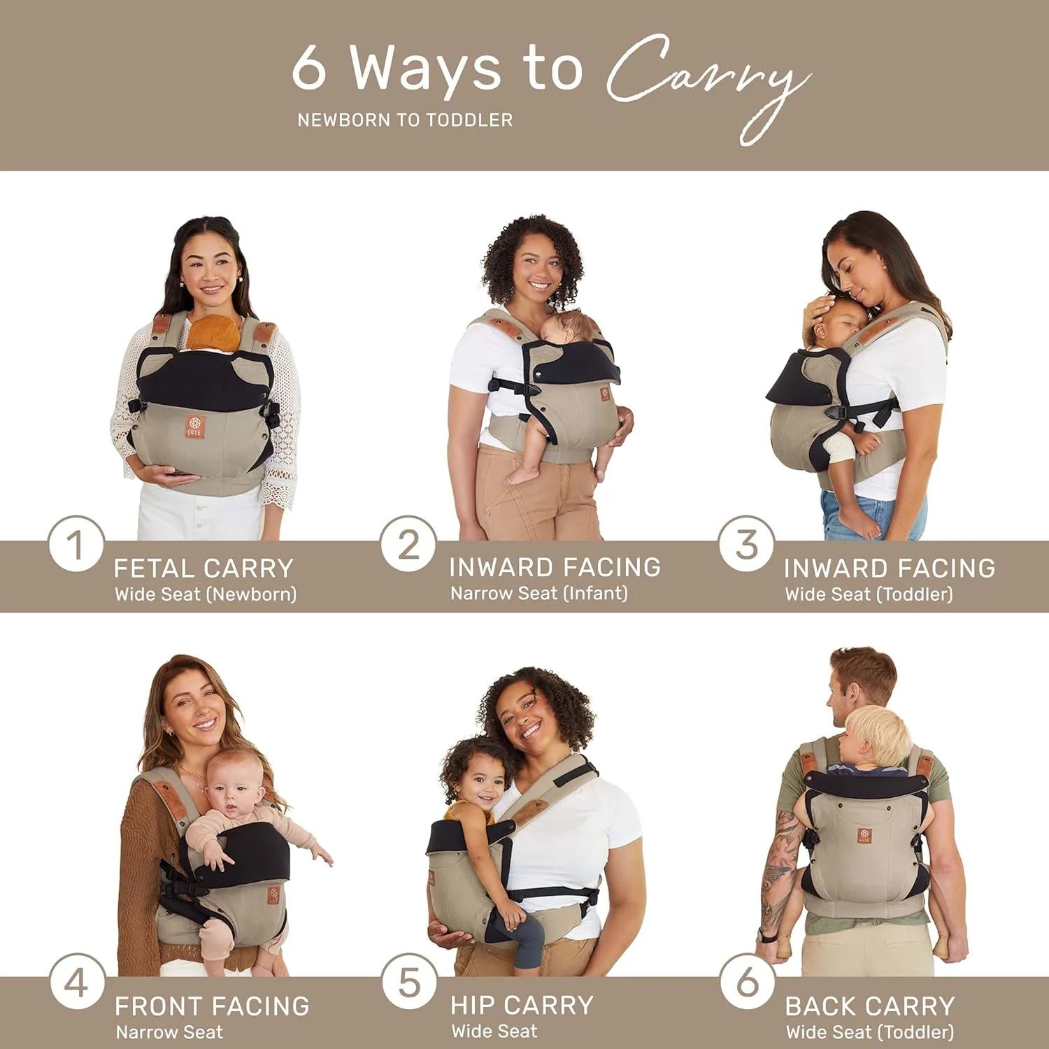 آغوشی نوزاد لیلی‌بیبی مدل Elevate ارگونومیک 6 در 1 - مناسب نوزاد تا نوپا - با پشتیبانی کمری - برای کودکان 3 تا 20 کیلوگرم - قابلیت حمل 360 درجه - رو به داخل و رو به بیرون به همراه کیف و بالشتک - رنگ ماسه گرم