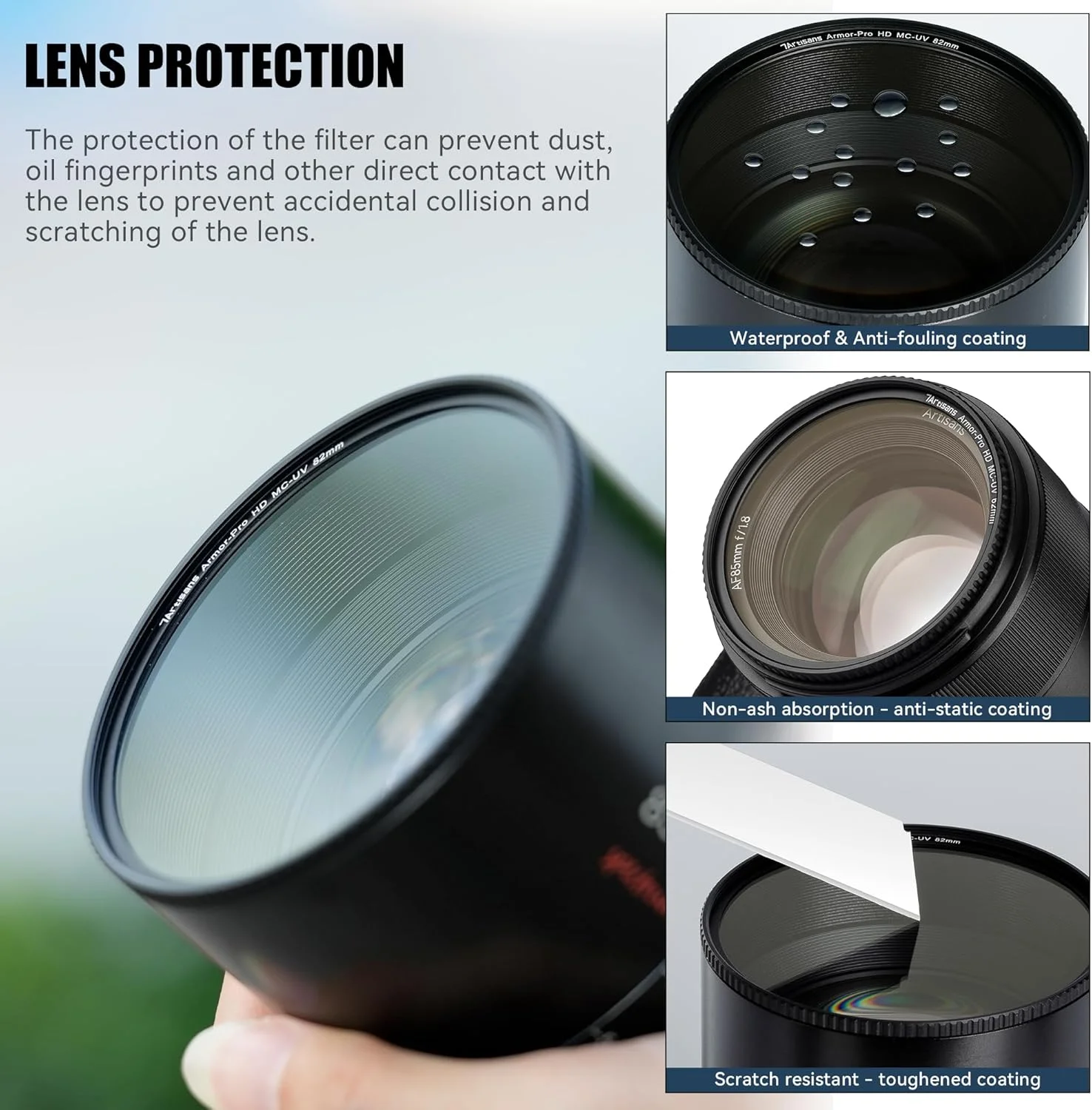 فیلتر فرابنفش HD MC-UV آرمور-پرو 7artisans با 24 لایه پوشش ضد آب و ضد خش، سازگار با لنزهای دوربین با قطر 58 تا 95 میلی‌متر.