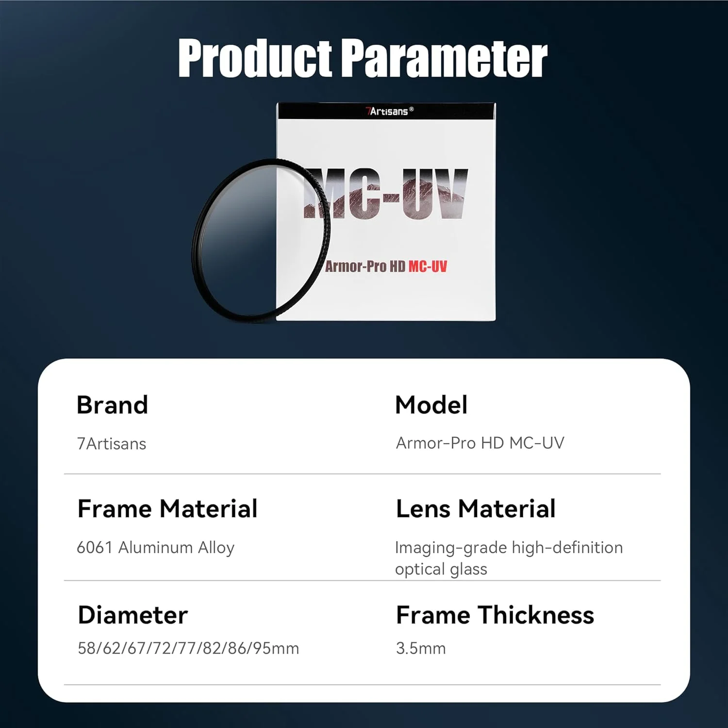 فیلتر فرابنفش HD MC-UV آرمور-پرو 7artisans با 24 لایه پوشش ضد آب و ضد خش، سازگار با لنزهای دوربین با قطر 58 تا 95 میلی‌متر.