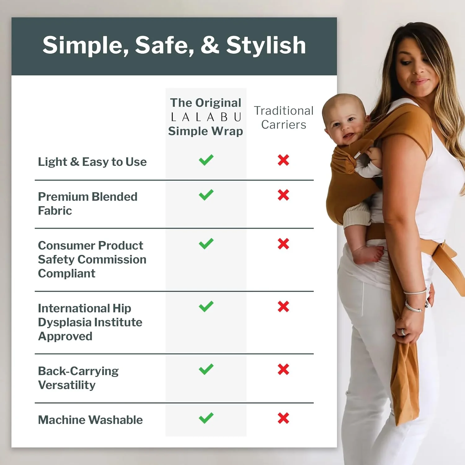 حامل نوزاد لالابو مدل Simple Wrap - آغوشی شیک و ساده برای نوزادان و کودکان نوپا با وزن 6 تا 13 کیلوگرم. تست ایمنی شده، استفاده آسان، ارگونومیک و راحت - رنگ خاک رس