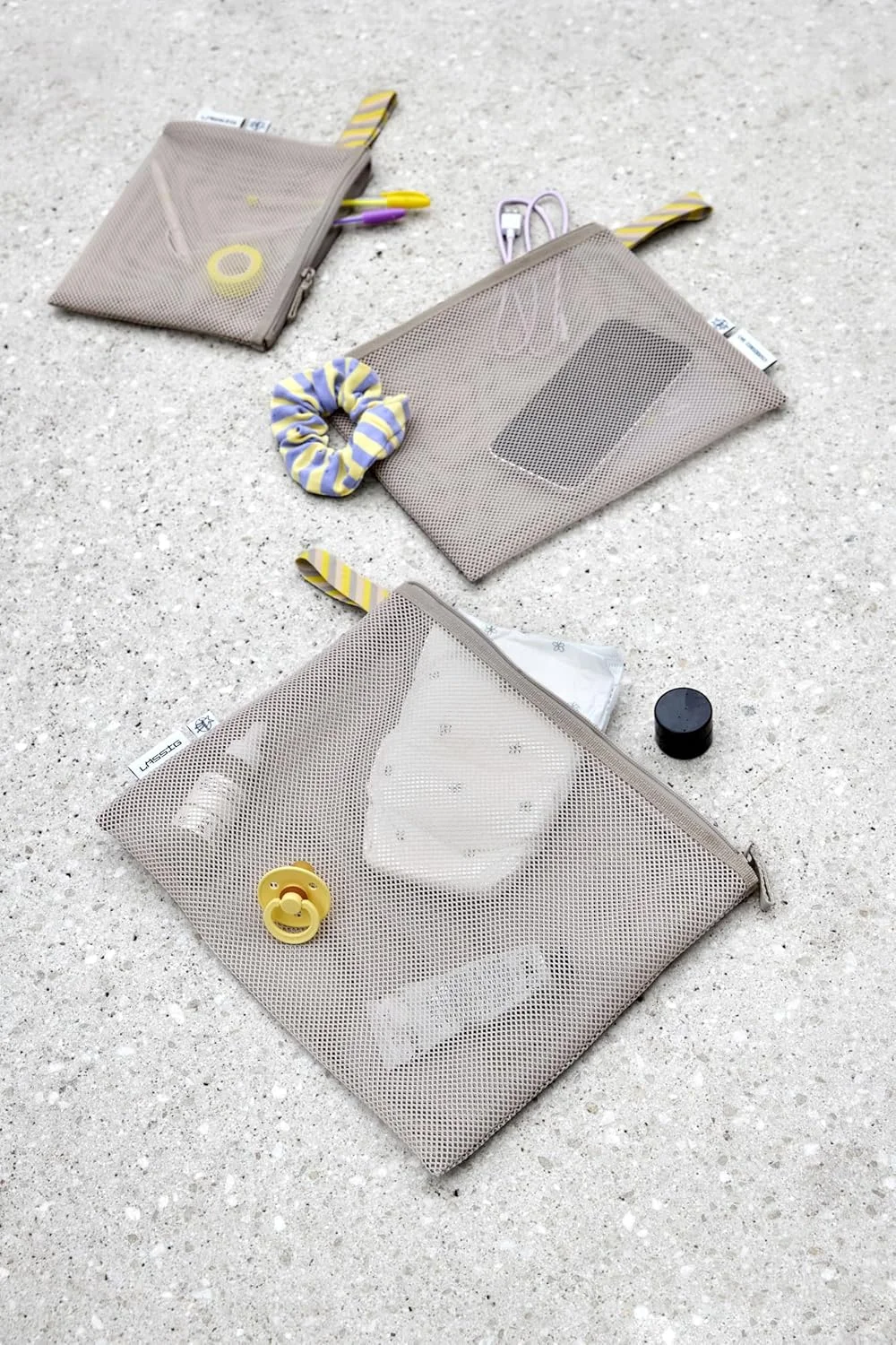 ست لوازم جانبی کیف پوشک 3 تکه LÄSSIG، سازمان دهنده کیف های توری برای مسافرت، ست کیف های توری بژ