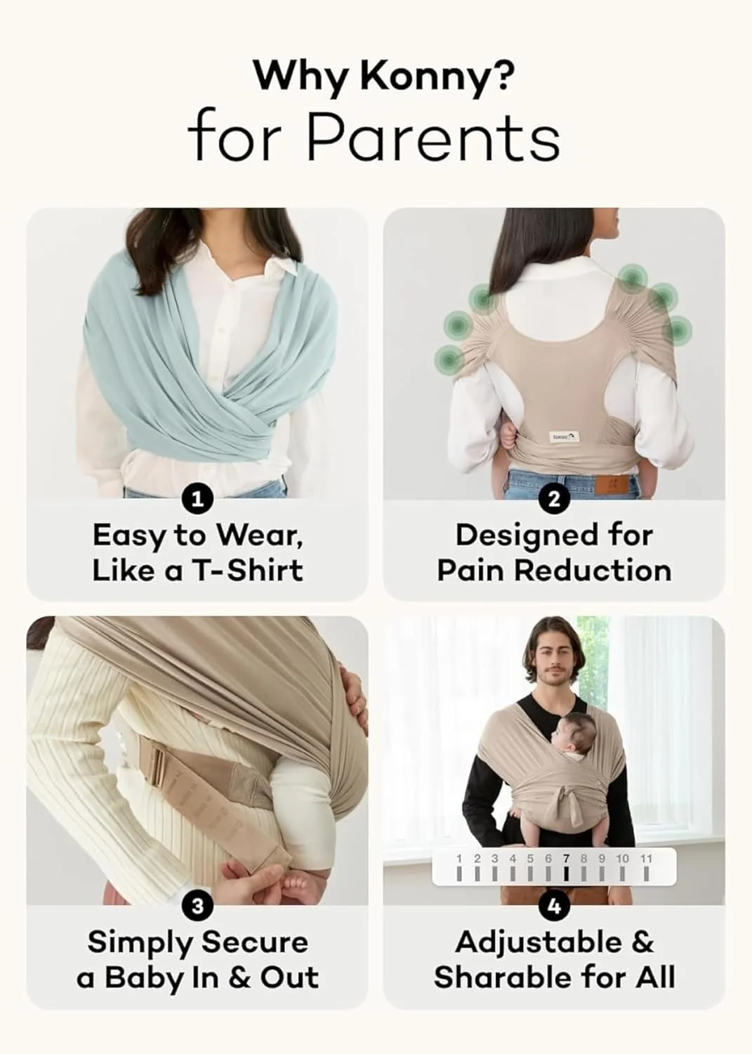 Konny Baby Carrier Flex SoftBreeze with Head Support - Adjustable, Easy to Wear Baby Wrap Sling, Perfect for Newborn Babies Essentials up to 44 lbs (M-4XL) - Charcoal