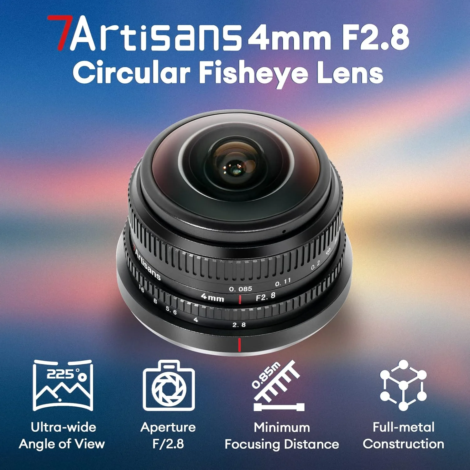 لنز چشم ماهی دایره ای 7artisans 4mm F2.8، زاویه دید فوق عریض 225 درجه، سازگار با دوربین های M4/3 مانت EPM1 EPM2 EPL1 EPL2 EPL7 EPL9 E-M1 E-M5 E-M10 E-Pen-P G1 G2 G3 GX7 GX8 GM5 GM10 GH3 GH5