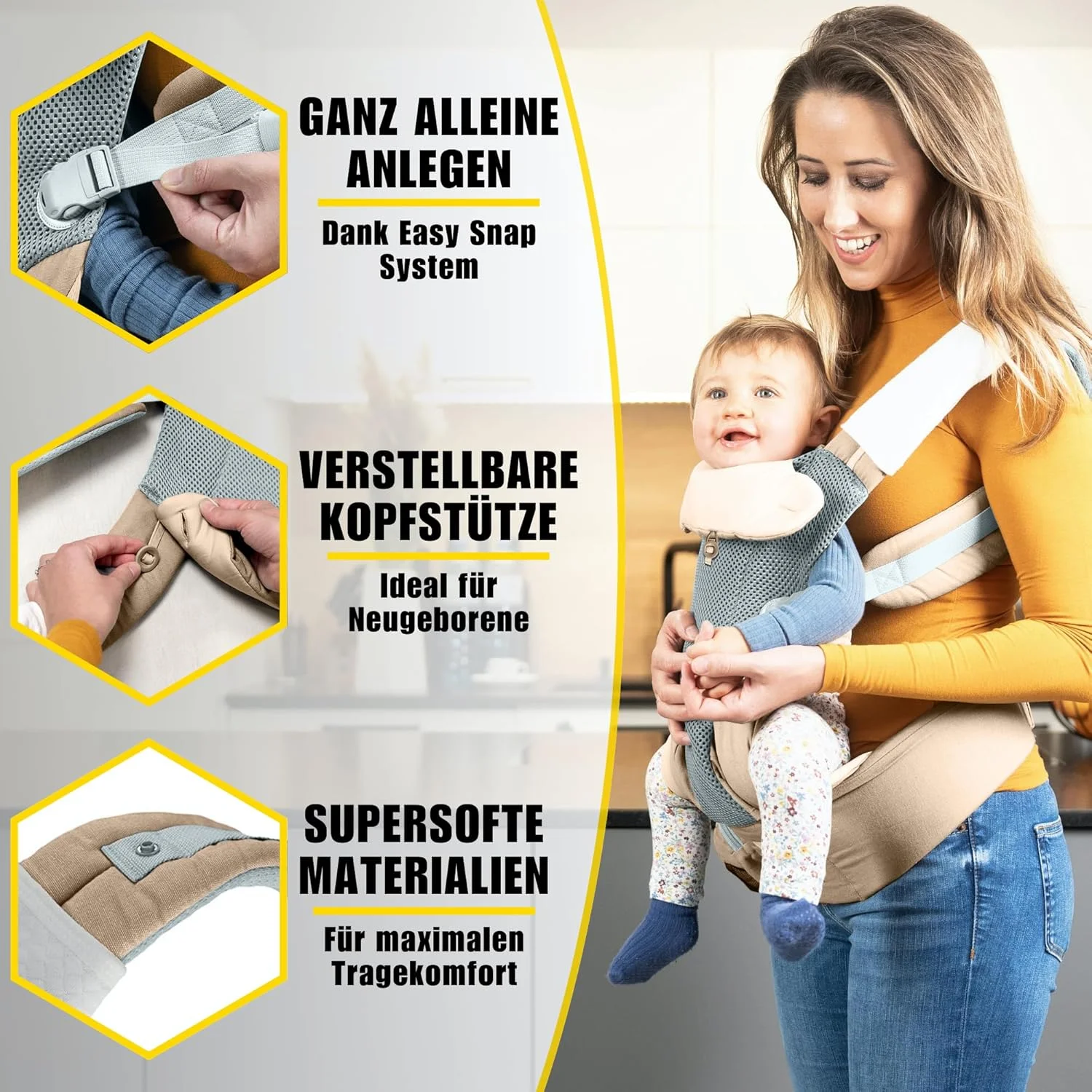 کیدی کینگدام - آغوشی نوزاد ارگونومیک از بدو تولد - آغوشی کودک 3 در 1 چند منظوره از 0 تا 36 ماهگی - آغوشی نوزاد با توری نرم سه بعدی - پنبه - کیف آغوشی نوزاد بژ