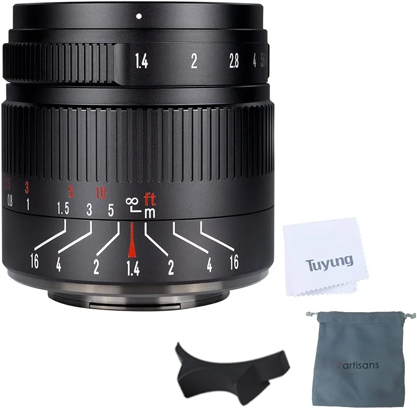 لنز دوربین 55mm F1.4 با دیافراگم بزرگ 7artisans، فوکوس دستی، مناسب برای دوربین های میکرو با مانت Canon M1, M2, M3, M5, M6, M10 EOS-M به همراه دستمال TUYUNG