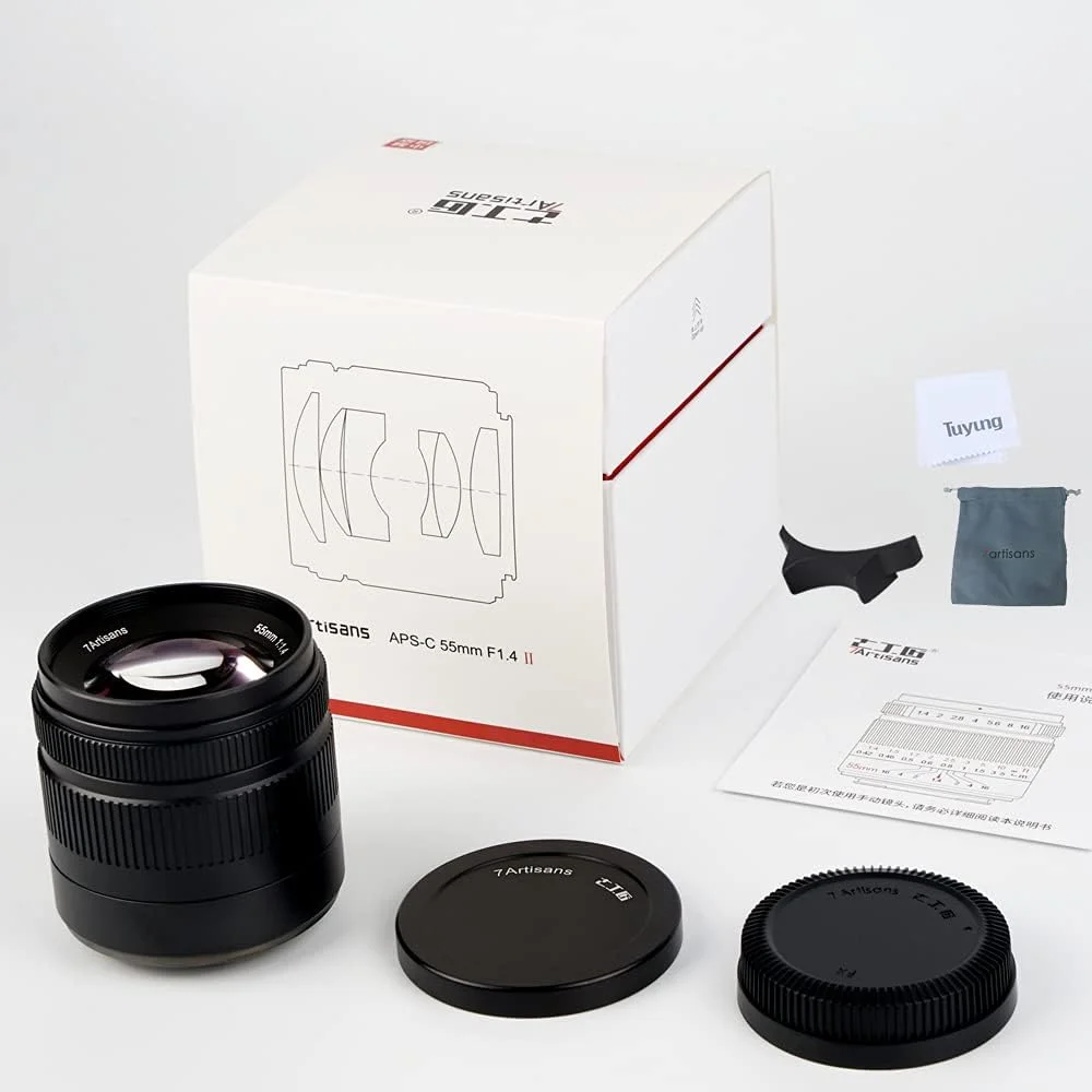 لنز دوربین 55mm F1.4 با دیافراگم بزرگ 7artisans، فوکوس دستی، مناسب برای دوربین های میکرو با مانت Canon M1, M2, M3, M5, M6, M10 EOS-M به همراه دستمال TUYUNG