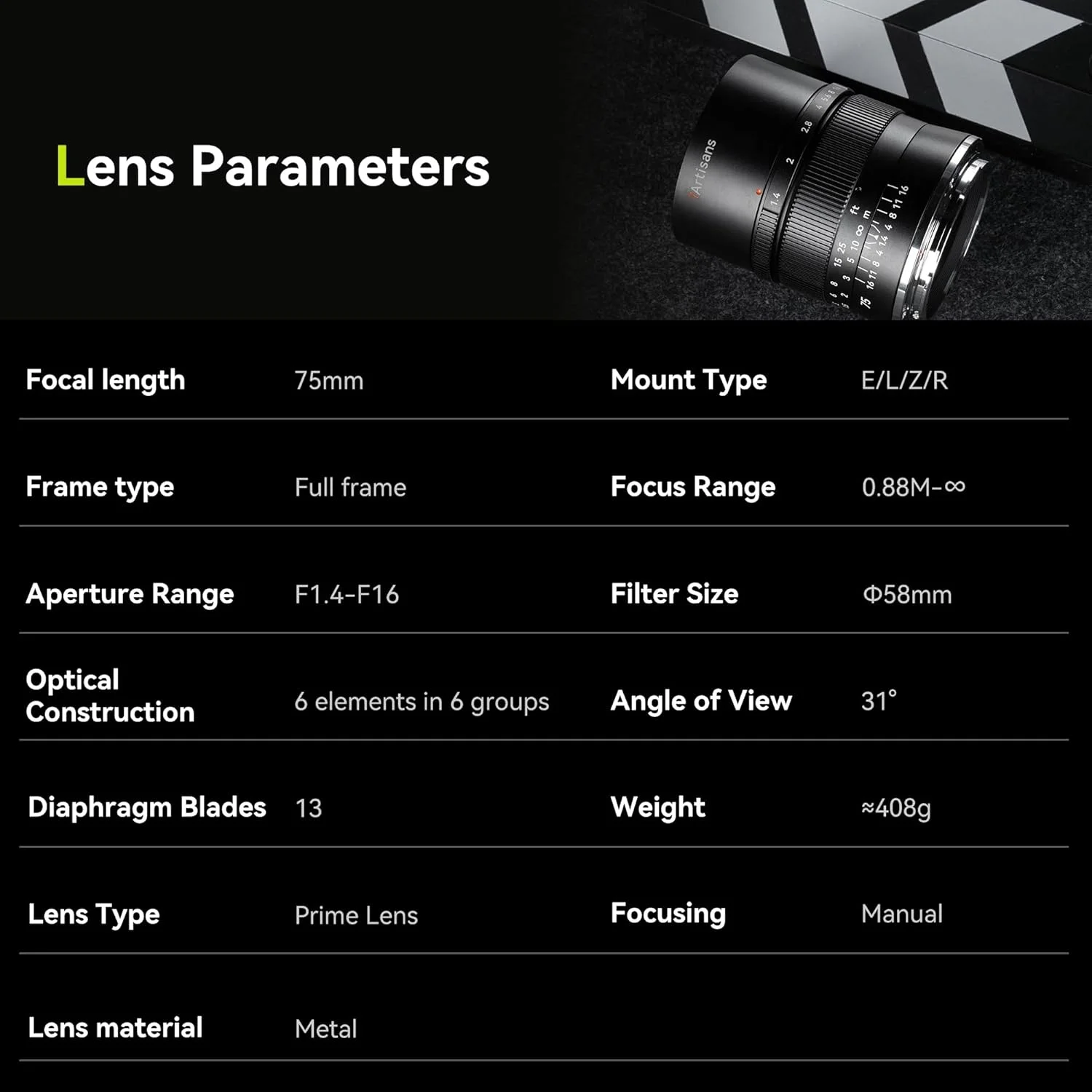 لنز 7artisans 75mm F1.4 فول فریم با فاصله کانونی ثابت و دیافراگم دستی 38.4 درجه سازگار با دوربین های بدون آینه Nikon Z-Mount Z9, Z8, Z7, Z72, Z6, Z62, Z63, Zf, Z5, Z5II
