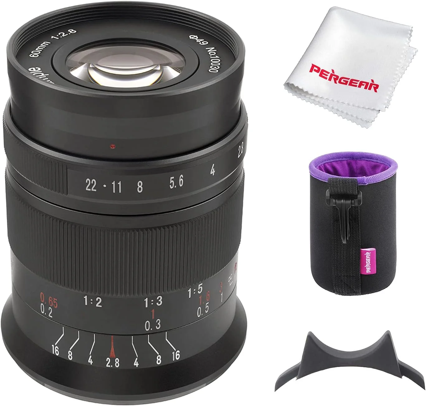 لنز ماکرو 60mm F2.8 فوجی X از 7Artisans به همراه دستمال Pergear، لنز ثابت با فوکوس دستی برای دوربین های بدون آینه فوجی X مانت به همراه کیف لنز و آچار فوکوس، مشکی