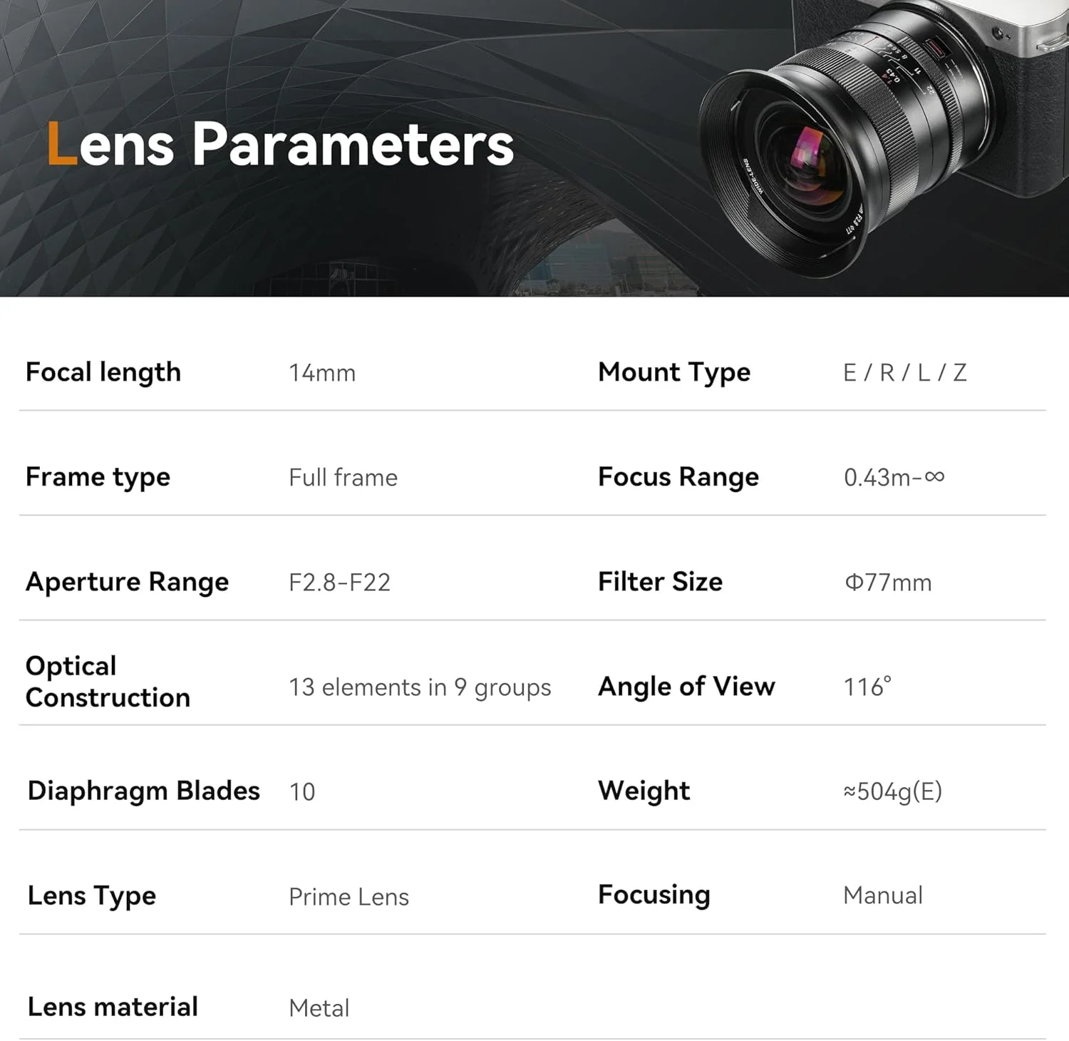 لنز دوربین 7artisans 14mm F2.8 فول فریم، زاویه فوق عریض غیرچشمی برای دوربین های بدون آینه با مانت L