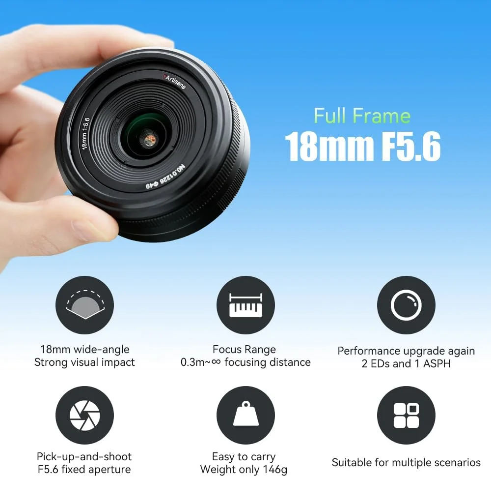 لنز فول فریم 7artisans 18mm F5.6 برای مانت Sony E، لنز پنکیکی فوق عریض سازگار با دوربین های Sony E Mount برای دوربین های بدون آینه A5000 A6000 A6100 A6300 A6400