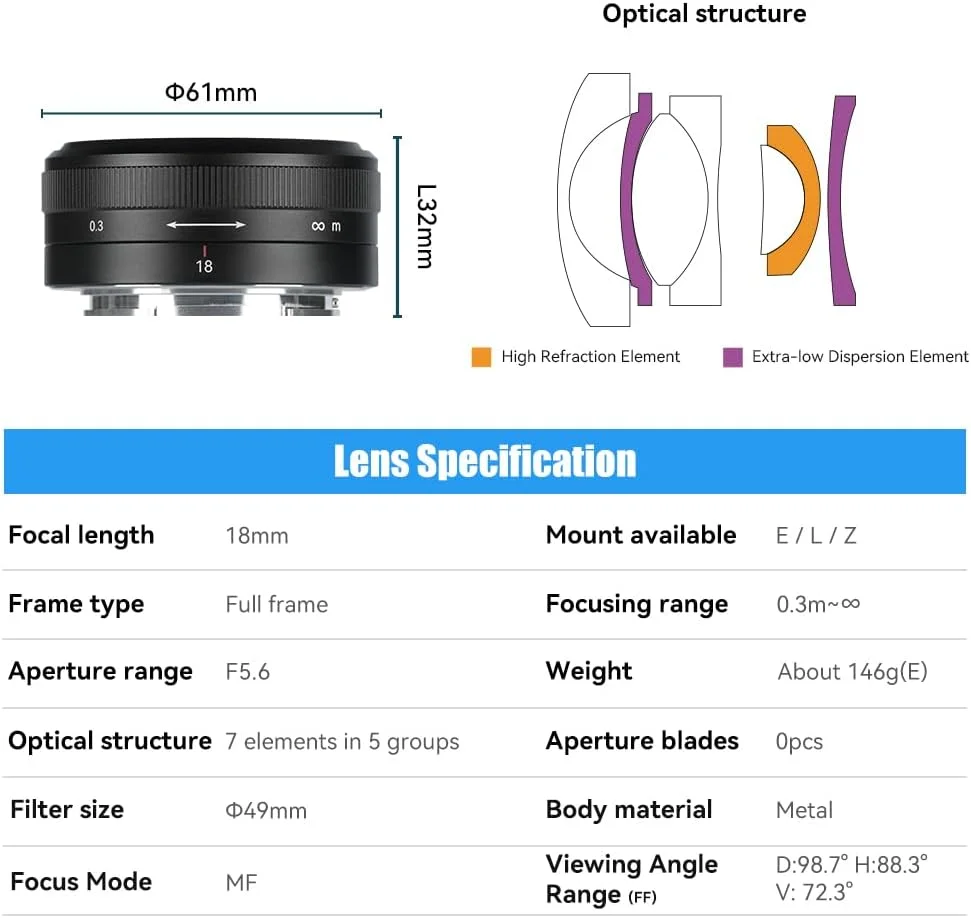 لنز فول فریم 7artisans 18mm F5.6 برای مانت Sony E، لنز پنکیکی فوق عریض سازگار با دوربین های Sony E Mount برای دوربین های بدون آینه A5000 A6000 A6100 A6300 A6400