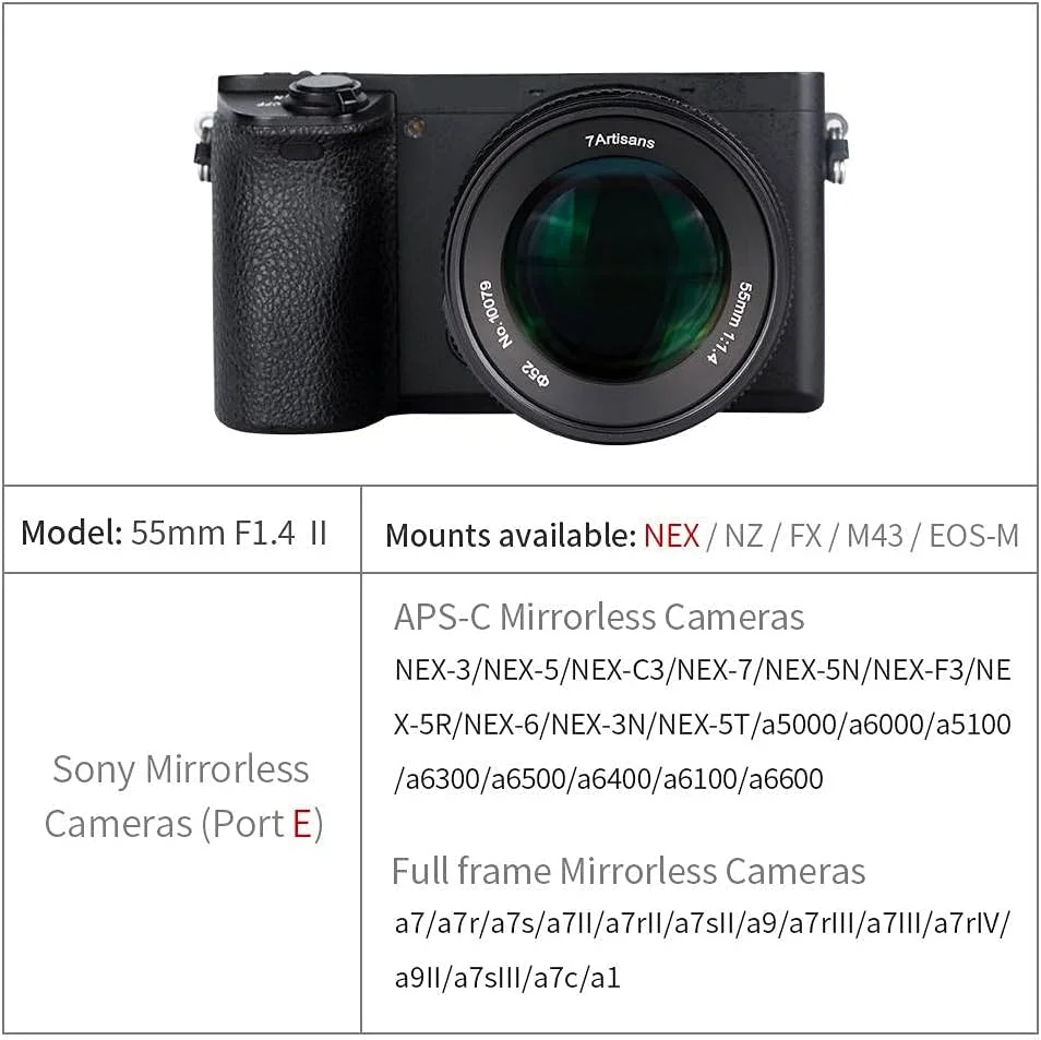 لنز 55mm F1.4 II 7Artisans، لنز پرتره APS-C با فوکوس دستی و جمع و جور برای دوربین های بدون آینه با مانت Sony E مانند Sony NEX-6R NEX-7 A3000 A5000 A5100 A6000 A6300 A6500