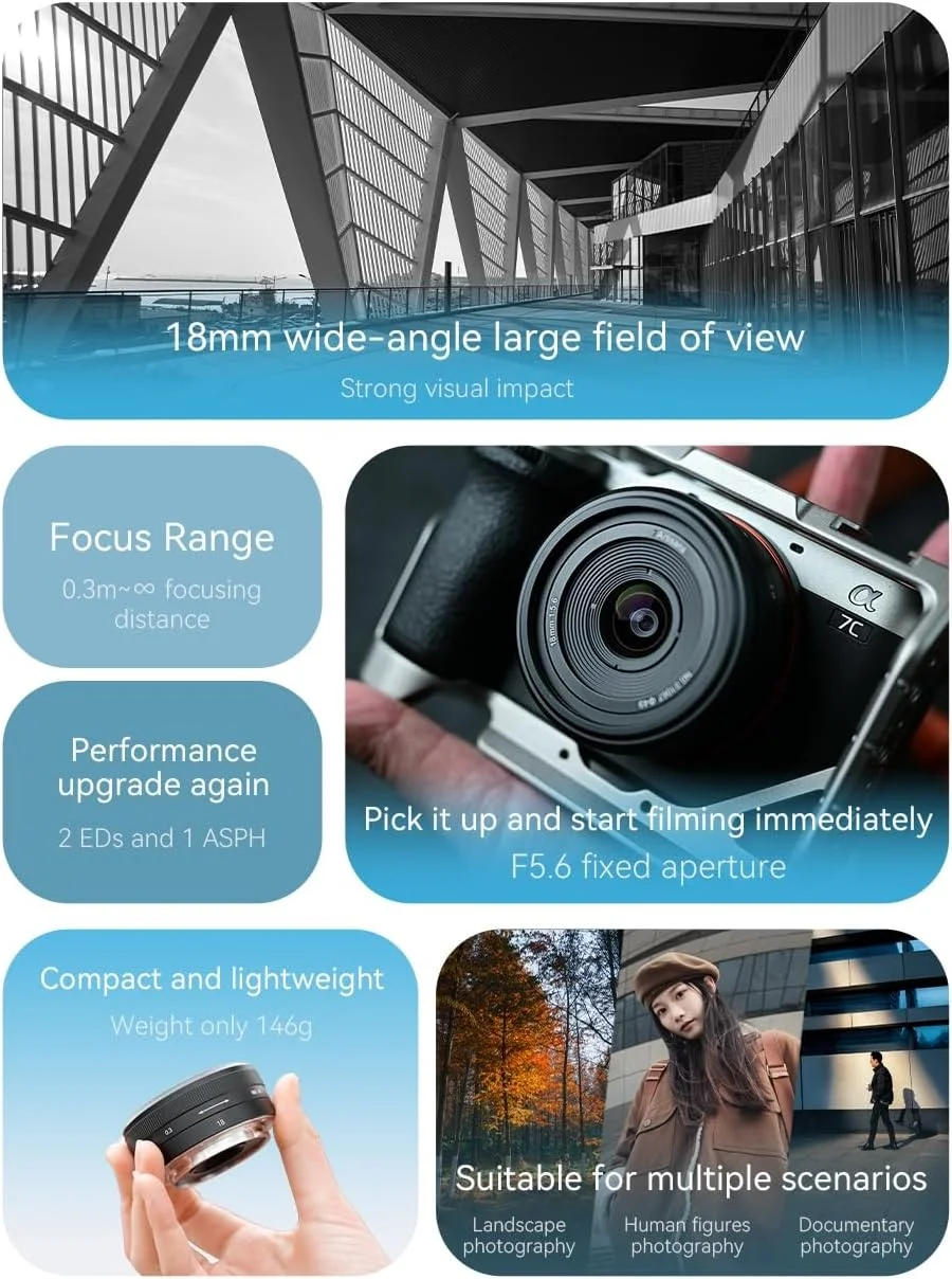 لنز فول فریم 7artisans 18mm F5.6 برای مانت Sony E، لنز پنکیکی فوق عریض سازگار با دوربین های Sony E Mount برای دوربین های بدون آینه A5000 A6000 A6100 A6300 A6400