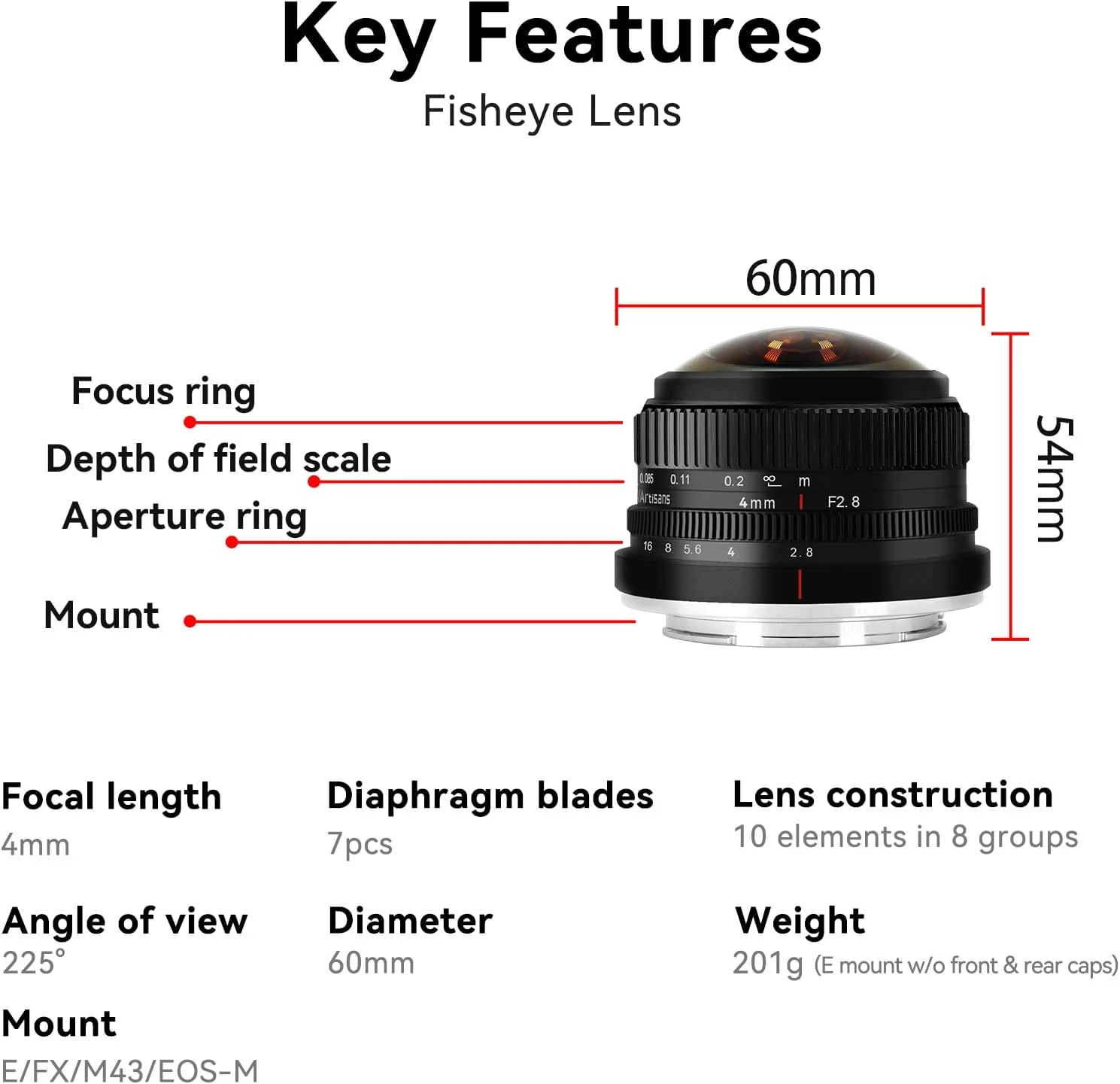 لنز چشم ماهی الترا واید 7artisans 7 4mm F2.8 با زاویه دید باز و فوکوس دستی، سازگار با دوربین های بدون آینه Sony E-Mount مدل های A6300 A6400 A6500 NEX-3 NEX-3N NEX-5T NEX-5R A7 A7II A7RIII
