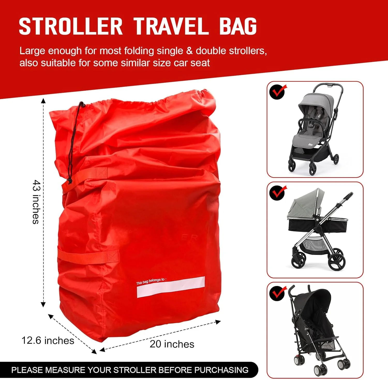 کیف حمل کالسکه دیررر فووو مناسب هواپیما، کاور کالسکه برای کالسکه‌های تک و دوقلو، کاور بزرگ کالسکه مسافرتی، لوازم جانبی مسافرتی کودک، کیف نگهداری کالسکه ضد آب، قرمز، 1 عدد