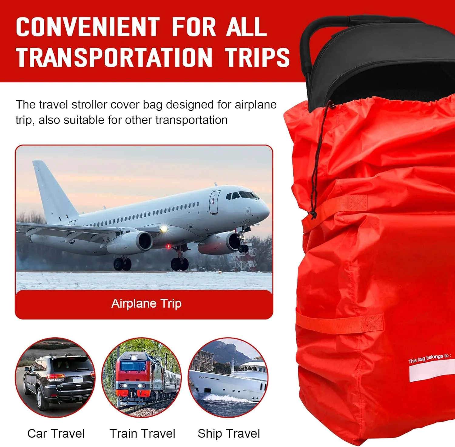 کیف حمل کالسکه دیررر فووو مناسب هواپیما، کاور کالسکه برای کالسکه‌های تک و دوقلو، کاور بزرگ کالسکه مسافرتی، لوازم جانبی مسافرتی کودک، کیف نگهداری کالسکه ضد آب، قرمز، 1 عدد