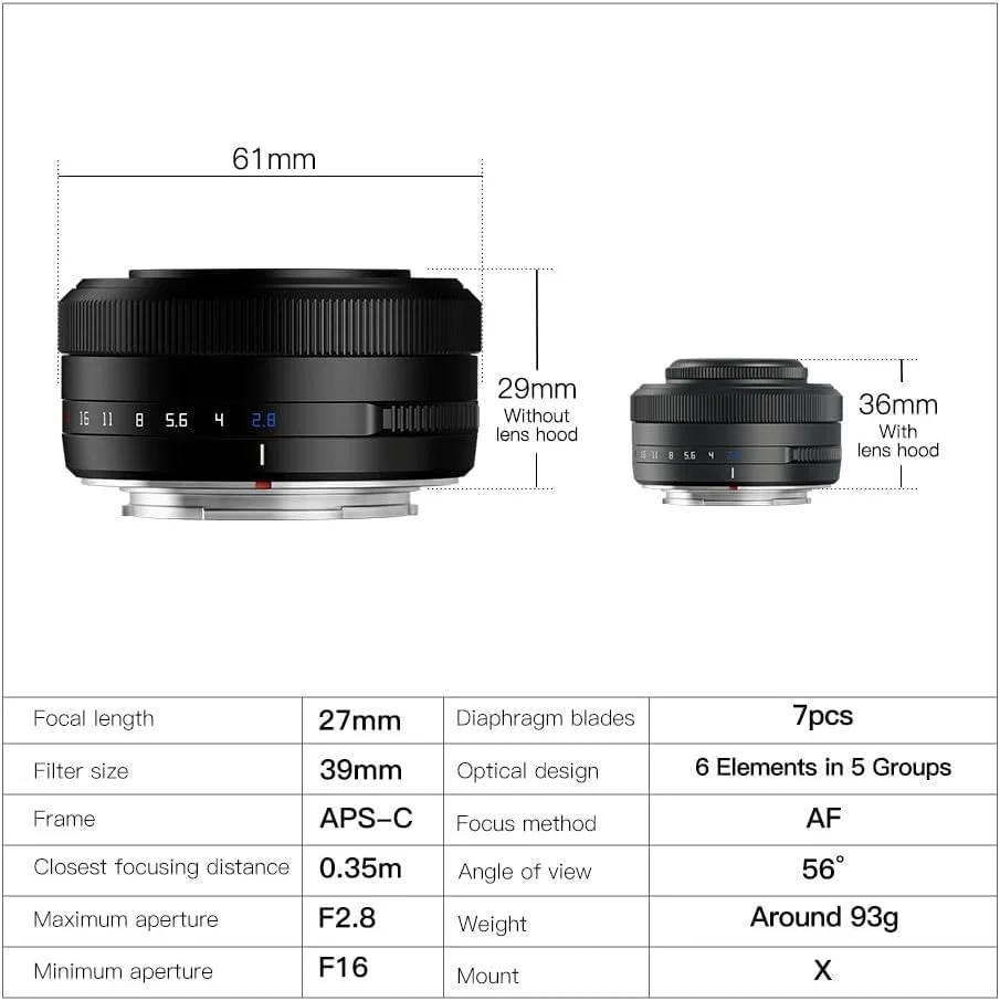 لنز تیتیآرتیسان AF 27mm F2.8 APS-C با فوکوس خودکار سریع و پایدار، حلقه دیافراگم کلیکی، مانت فوجی X مناسب برای Fujifilm X-A1 X-A10 X-A2 X-A3 X-A5 X-A7 X-M1 X-H1 X-H2 X-T1 X-T10 X-T2 X-T20 X-T30 X-T3 X-T4 X-T5 لنز تیتیآرتیسان AF 27mm F2.8 APS-C با فوکوس خودکار سریع و پایدار، حلقه دیافراگم کلیکی، مانت فوجی X مناسب برای Fujifilm X-A1 X-A10 X-A2 X-A3 X-A5 X-A7 X-M1 X-H1 X-H2 X-T1 X-T10 X-T2 X-T20 X-T30 X-T3 X-T4 X-T5