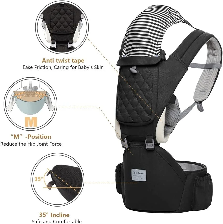 آغوشی نوزاد، آغوشی 6 در 1 نوزاد تا نوپا، آغوشی نوزاد با صندلی کمری با پشتیبانی کمری 3-19 کیلوگرم، آغوشی نرم نوزاد برای تمام فصول و موقعیت ها، اندازه قابل تنظیم برای خرید، پیاده روی و مسافرت