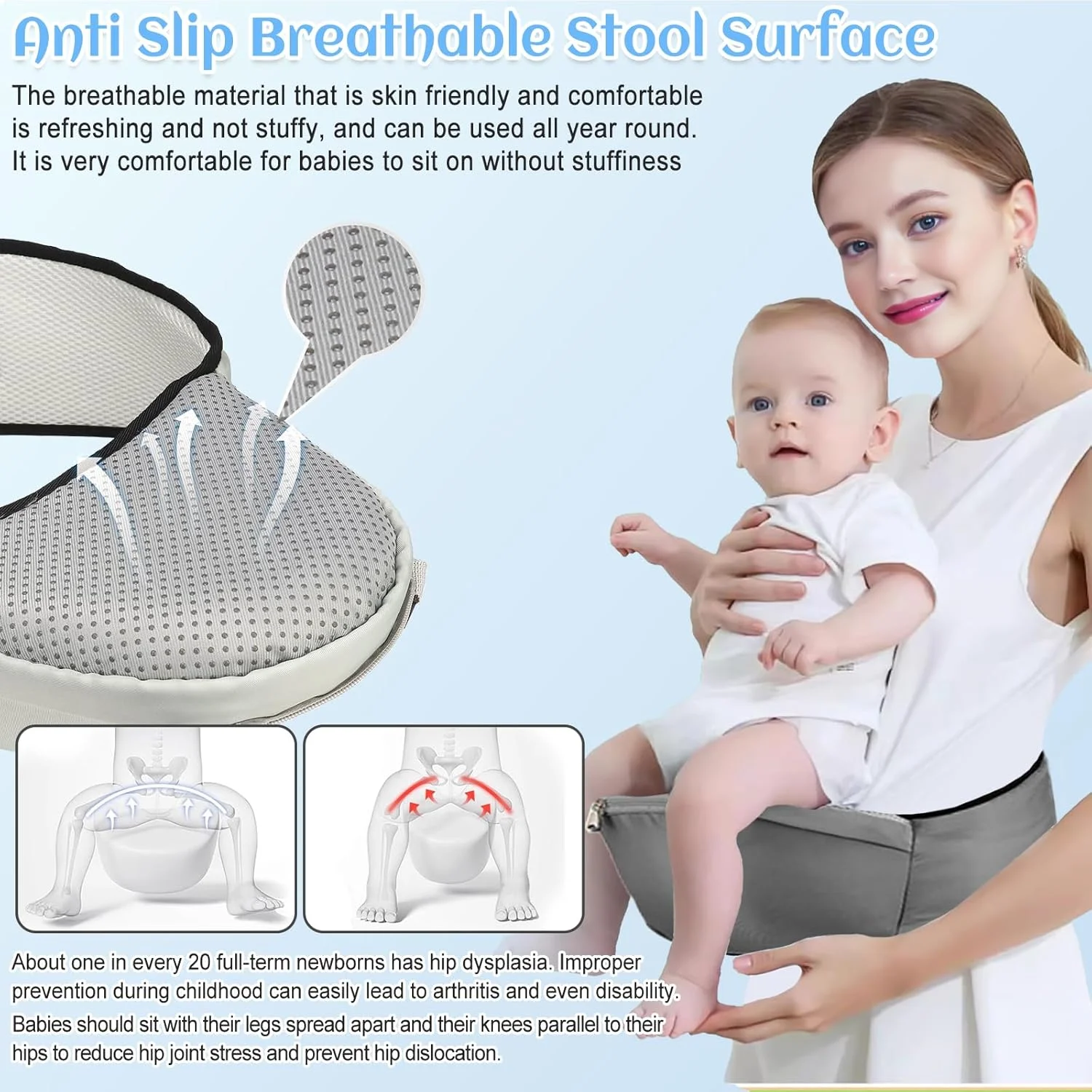 آغوشی نوزاد با نشیمنگاه کمری، آغوشی 2 در 1 راحت و سبک وزن مناسب نوزاد تا نوپا با بندهای شانه‌ای ضربدری X شکل و توری تنفسی تا وزن 20 کیلوگرم، پیش بند نوزاد برای پسران و دختران