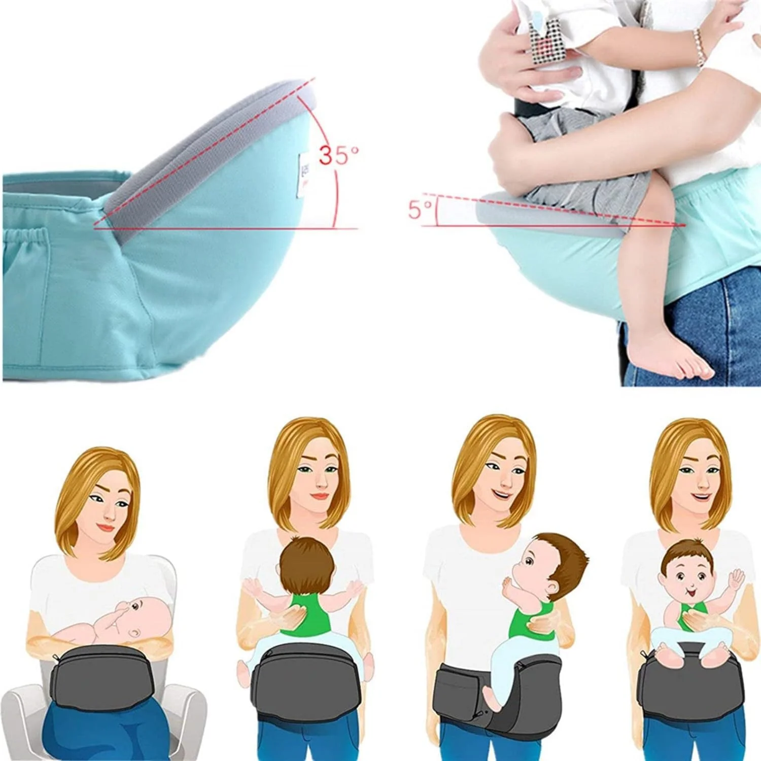 نشیمنگاه کمری کودک، آغوشی کودک با 4 حالت حمل، آغوشی قابل تنظیم و سبک وزن برای نوزاد 0-36 ماهه - آبی نشیمنگاه کمری کودک، آغوشی کودک با 4 حالت حمل، آغوشی قابل تنظیم و سبک وزن برای نوزاد 0-36 ماهه - آبی