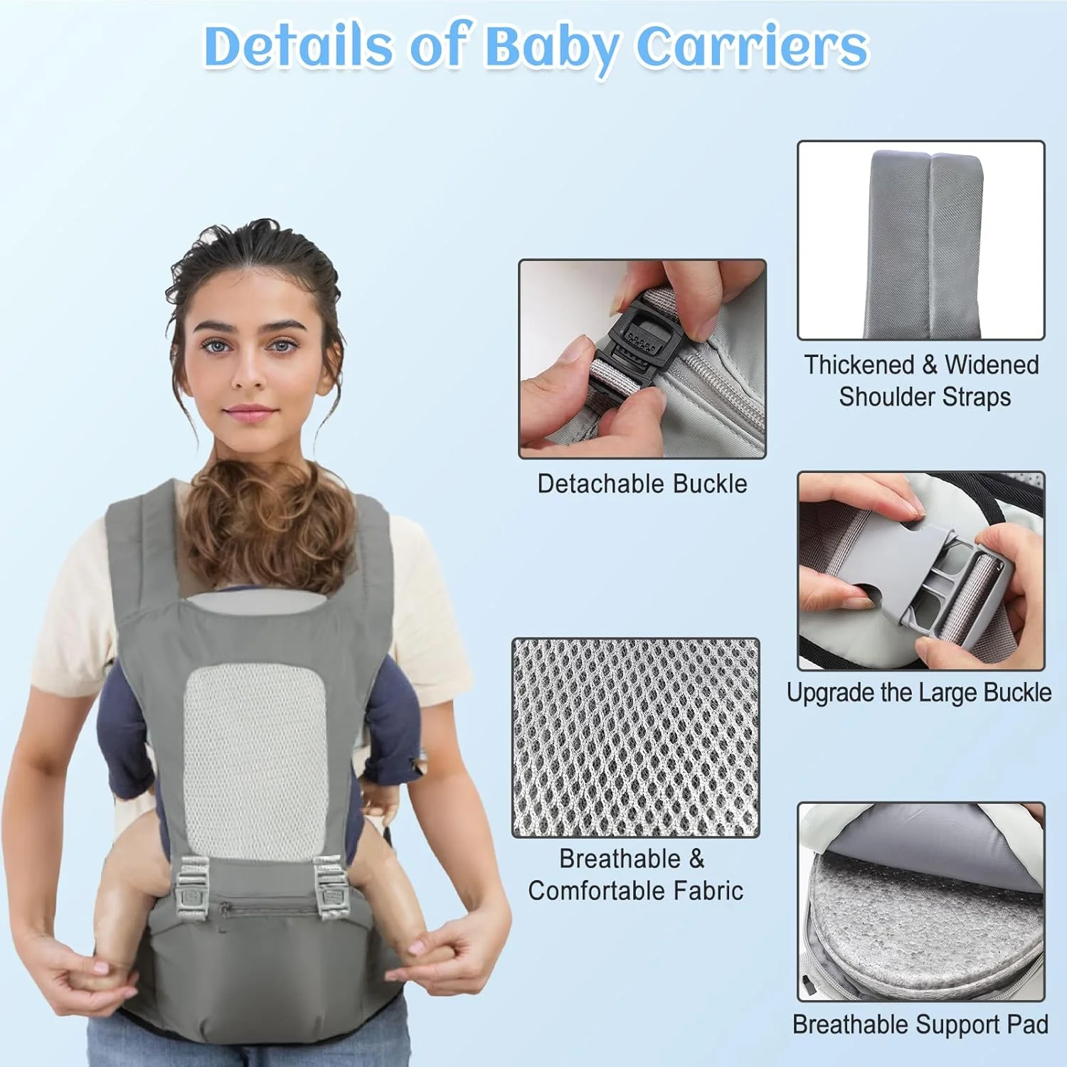 آغوشی نوزاد با نشیمنگاه کمری، آغوشی 2 در 1 راحت و سبک وزن مناسب نوزاد تا نوپا با بندهای شانه‌ای ضربدری X شکل و توری تنفسی تا وزن 20 کیلوگرم، پیش بند نوزاد برای پسران و دختران