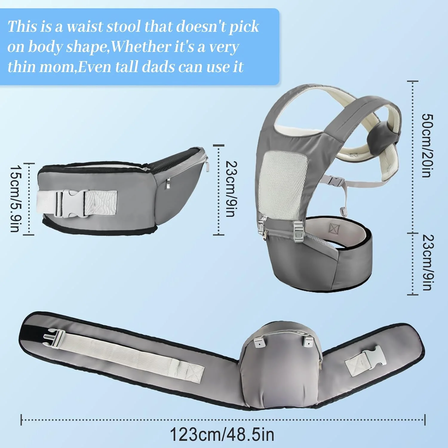 آغوشی نوزاد با نشیمنگاه کمری، آغوشی 2 در 1 راحت و سبک وزن مناسب نوزاد تا نوپا با بندهای شانه‌ای ضربدری X شکل و توری تنفسی تا وزن 20 کیلوگرم، پیش بند نوزاد برای پسران و دختران