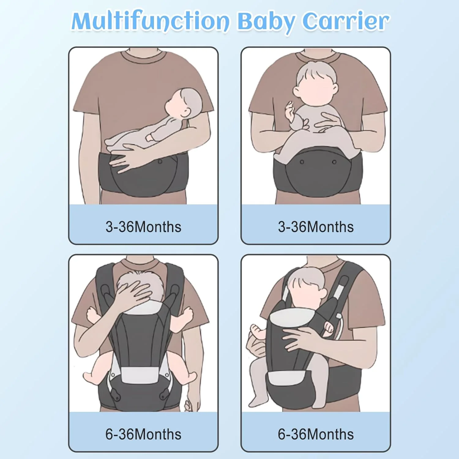 آغوشی نوزاد با نشیمنگاه کمری، آغوشی 2 در 1 راحت و سبک وزن مناسب نوزاد تا نوپا با بندهای شانه‌ای ضربدری X شکل و توری تنفسی تا وزن 20 کیلوگرم، پیش بند نوزاد برای پسران و دختران