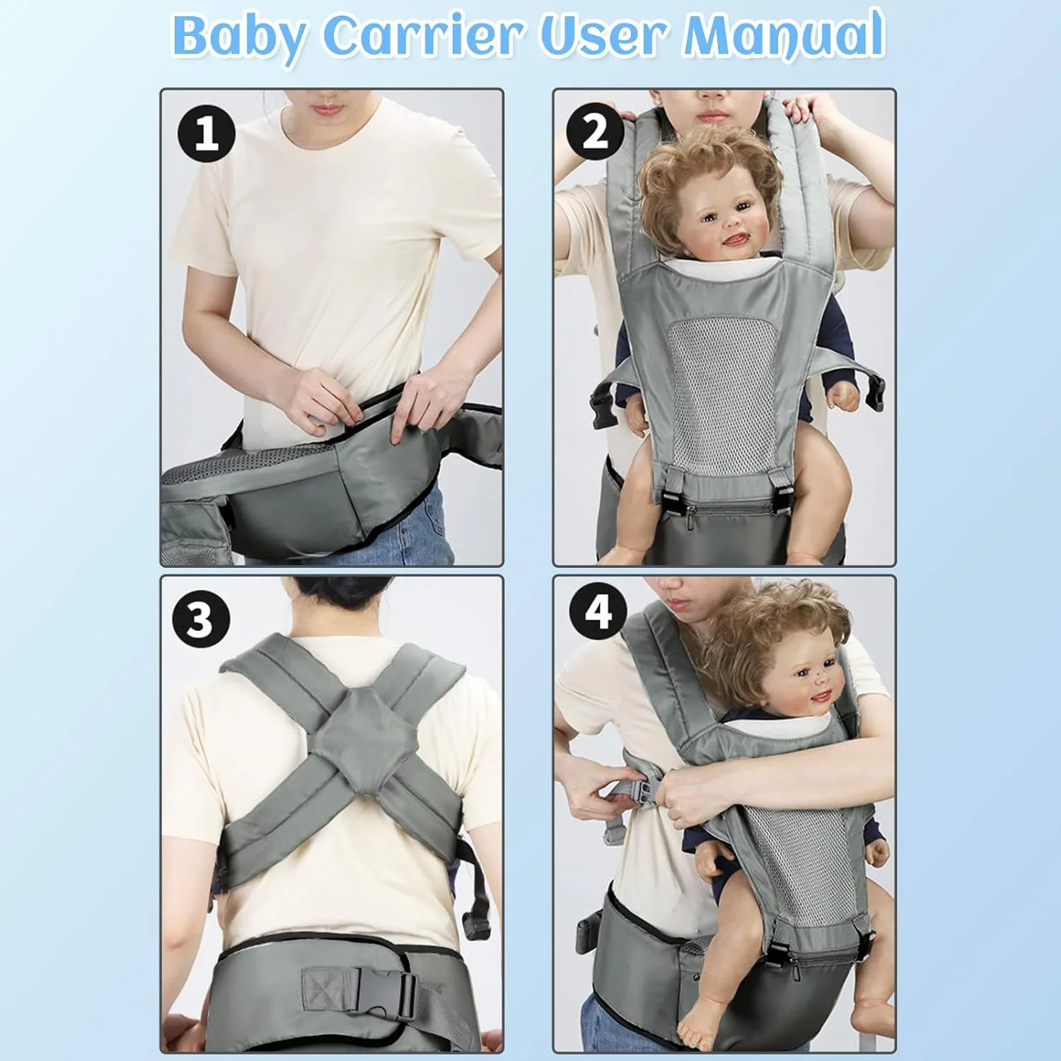 آغوشی نوزاد با نشیمنگاه کمری، آغوشی 2 در 1 راحت و سبک وزن مناسب نوزاد تا نوپا با بندهای شانه‌ای ضربدری X شکل و توری تنفسی تا وزن 20 کیلوگرم، پیش بند نوزاد برای پسران و دختران