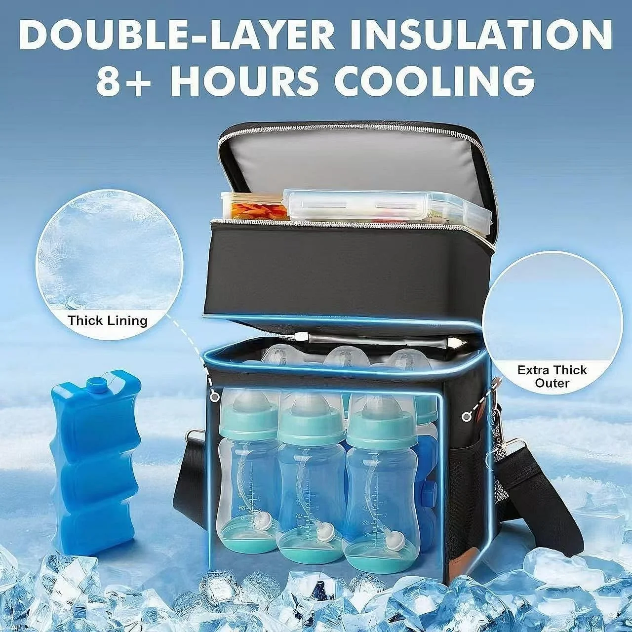 کیف خنک نگهدارنده شیر مادر با بسته یخ، مناسب برای 6 شیشه شیر تا 9 اونس، کیف های عایق شیشه شیر کودک، دو لایه ضد آب و ضد نشت با بند شانه برای مادران شیرده و شاغل کیف خنک نگهدارنده شیر مادر با بسته یخ، مناسب برای 6 شیشه شیر تا 9 اونس، کیف های عایق شیشه شیر کودک، دو لایه ضد آب و ضد نشت با بند شانه برای مادران شیرده و شاغل