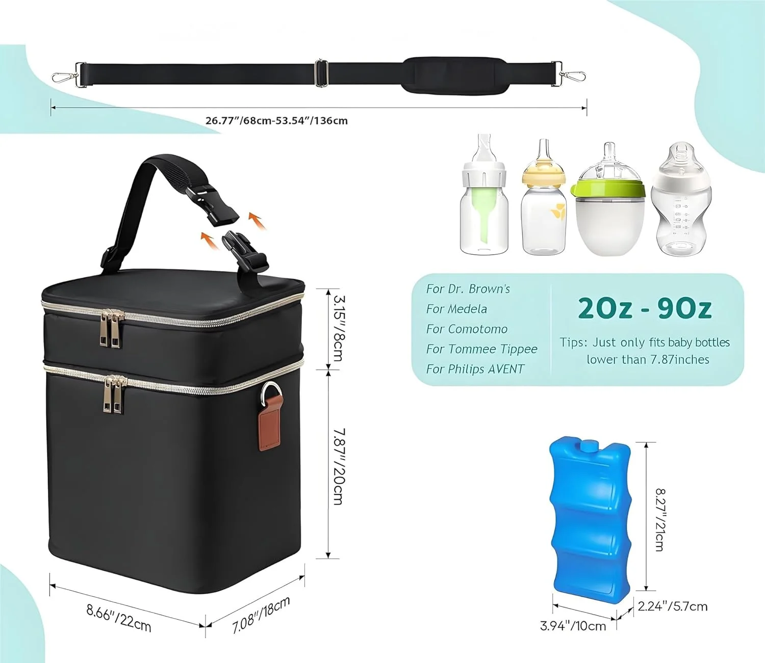 کیف خنک نگهدارنده شیر مادر با بسته یخ، مناسب برای 6 شیشه شیر تا 9 اونس، کیف های عایق شیشه شیر کودک، دو لایه ضد آب و ضد نشت با بند شانه برای مادران شیرده و شاغل کیف خنک نگهدارنده شیر مادر با بسته یخ، مناسب برای 6 شیشه شیر تا 9 اونس، کیف های عایق شیشه شیر کودک، دو لایه ضد آب و ضد نشت با بند شانه برای مادران شیرده و شاغل