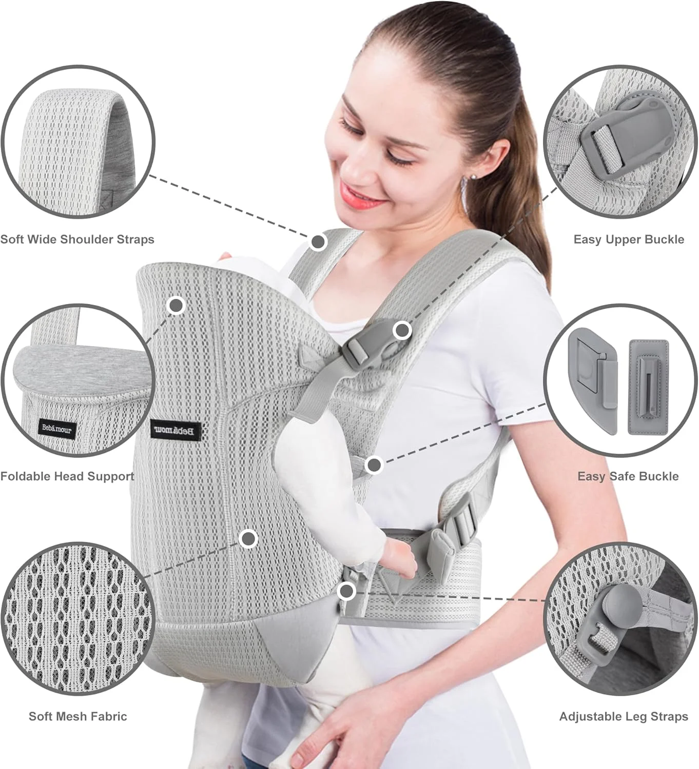 آغوشی نوزاد ببامور، قابل استفاده در جلو و پشت، به همراه 2 عدد پیشبند شانه، خاکستری روشن آغوشی نوزاد ببامور، قابل استفاده در جلو و پشت، به همراه 2 عدد پیشبند شانه، خاکستری روشن