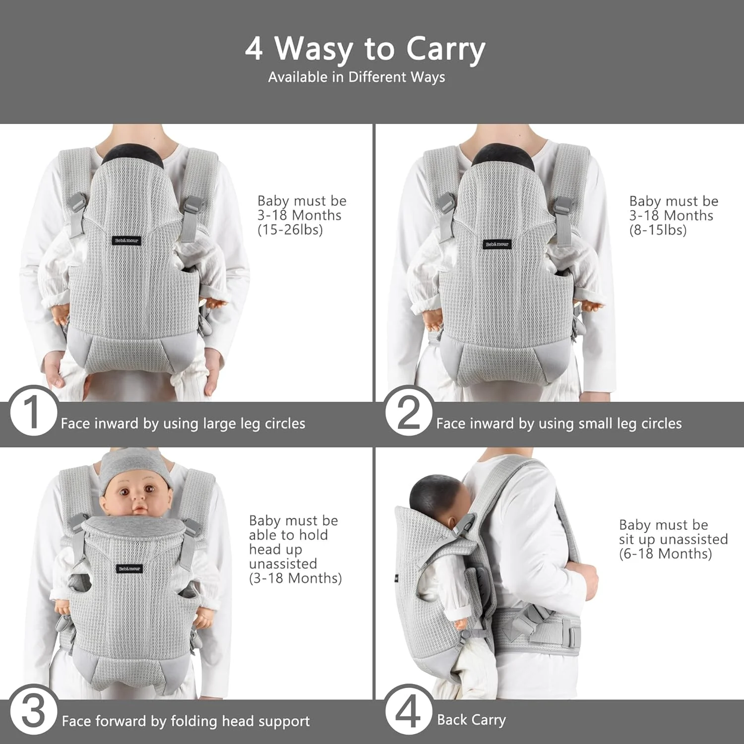 آغوشی نوزاد ببامور، قابل استفاده در جلو و پشت، به همراه 2 عدد پیشبند شانه، خاکستری روشن آغوشی نوزاد ببامور، قابل استفاده در جلو و پشت، به همراه 2 عدد پیشبند شانه، خاکستری روشن