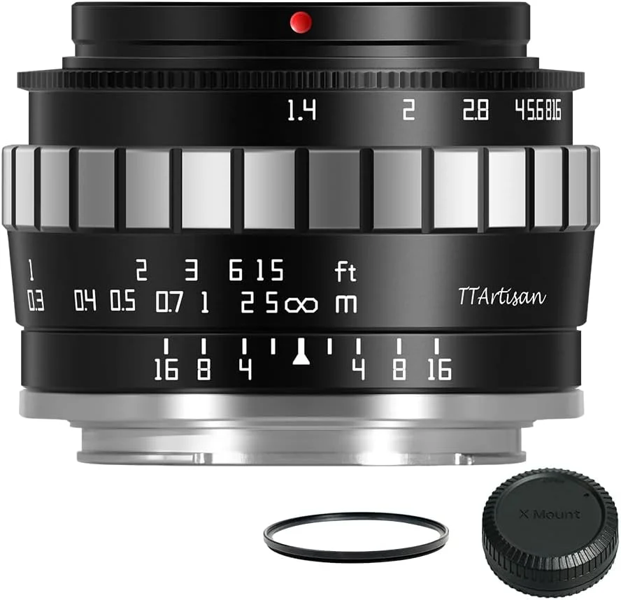 لنز 23mm F1.4 APS-C دستی TTArtisan برای دوربین های فوجی X-Mount مدل های X-PRO1 X-PRO2 X-E1 X-E2 X-E3 X-T1 XT10 XT2 XT3 X-T20 X-T30 X-T100 X-A1 X-A2 X-A3 X-A5 مشکی و نقره ای