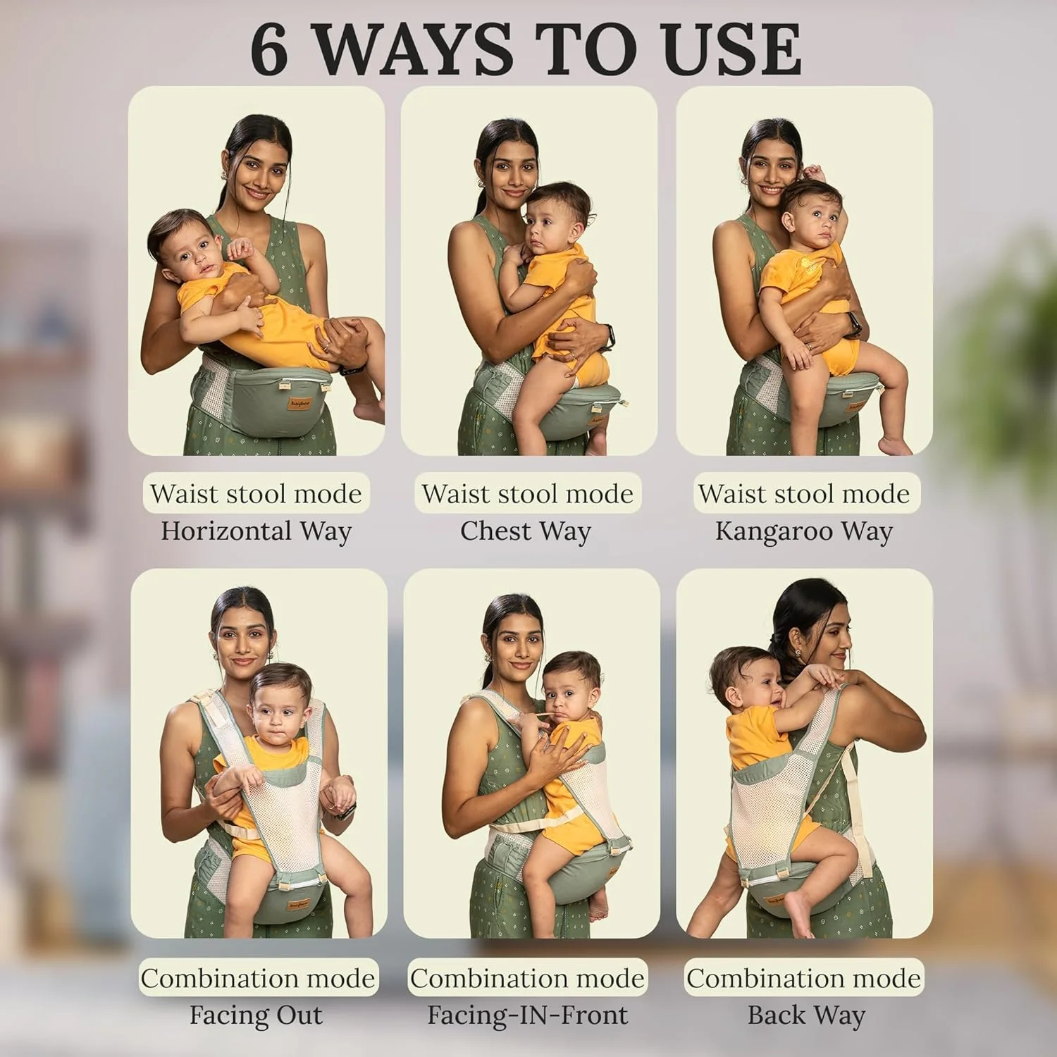 آغوشی نوزاد 6 در 1 Baybee ارگونومیک با نشیمنگاه، کیف آغوشی کانگورویی نوزاد | آغوشی نوزاد برای حمل در جلو و پشت با کمربند ایمنی برای 3 تا 36 ماهگی (سبز)