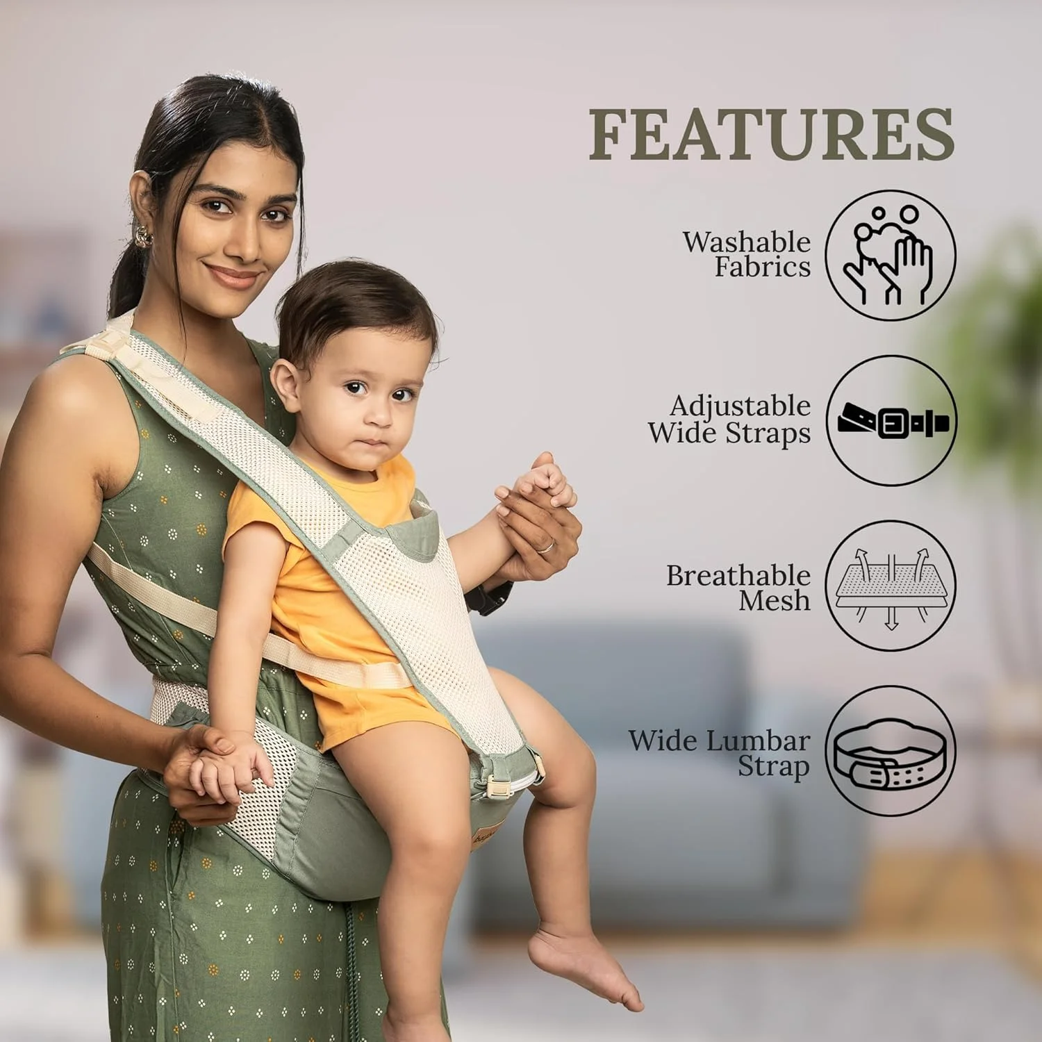 آغوشی نوزاد 6 در 1 Baybee ارگونومیک با نشیمنگاه، کیف آغوشی کانگورویی نوزاد | آغوشی نوزاد برای حمل در جلو و پشت با کمربند ایمنی برای 3 تا 36 ماهگی (سبز)