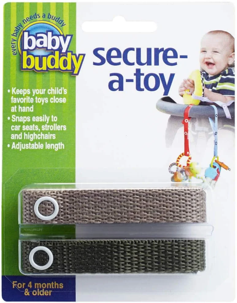 بند نگهدارنده اسباب بازی و پستانک قابل تنظیم Baby Buddy، مناسب برای کالسکه، صندلی غذاخوری و صندلی ماشین، رنگ زیتونی خاکی، بسته 2 عددی